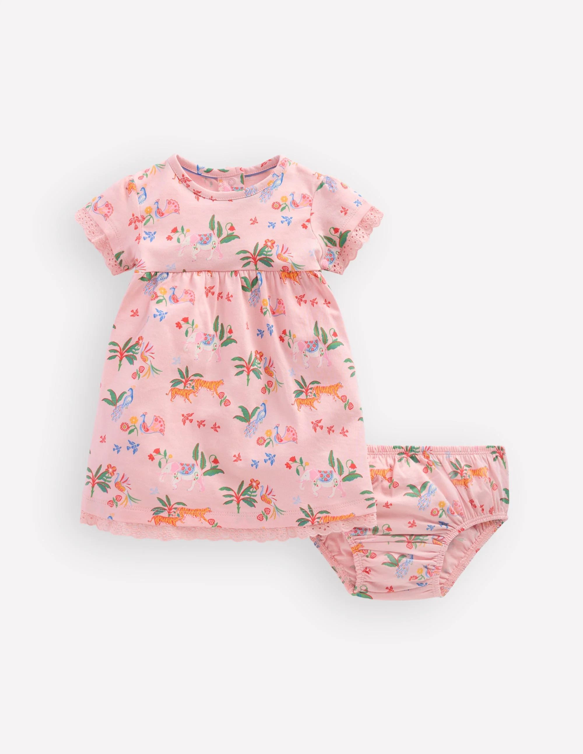 Broderie Trim Jersey Dress-Pink Tropical Animals - Image 2