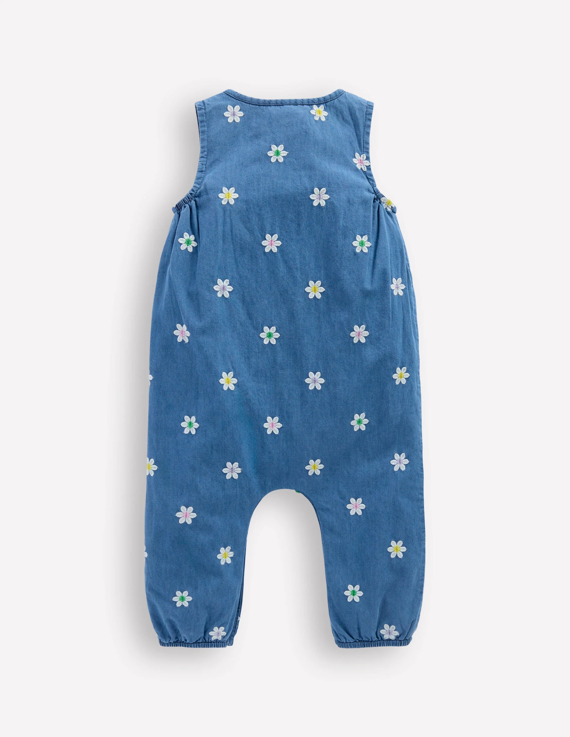 Embroidered Chambray Romper-Denim Daisy Embroidery - Image 2