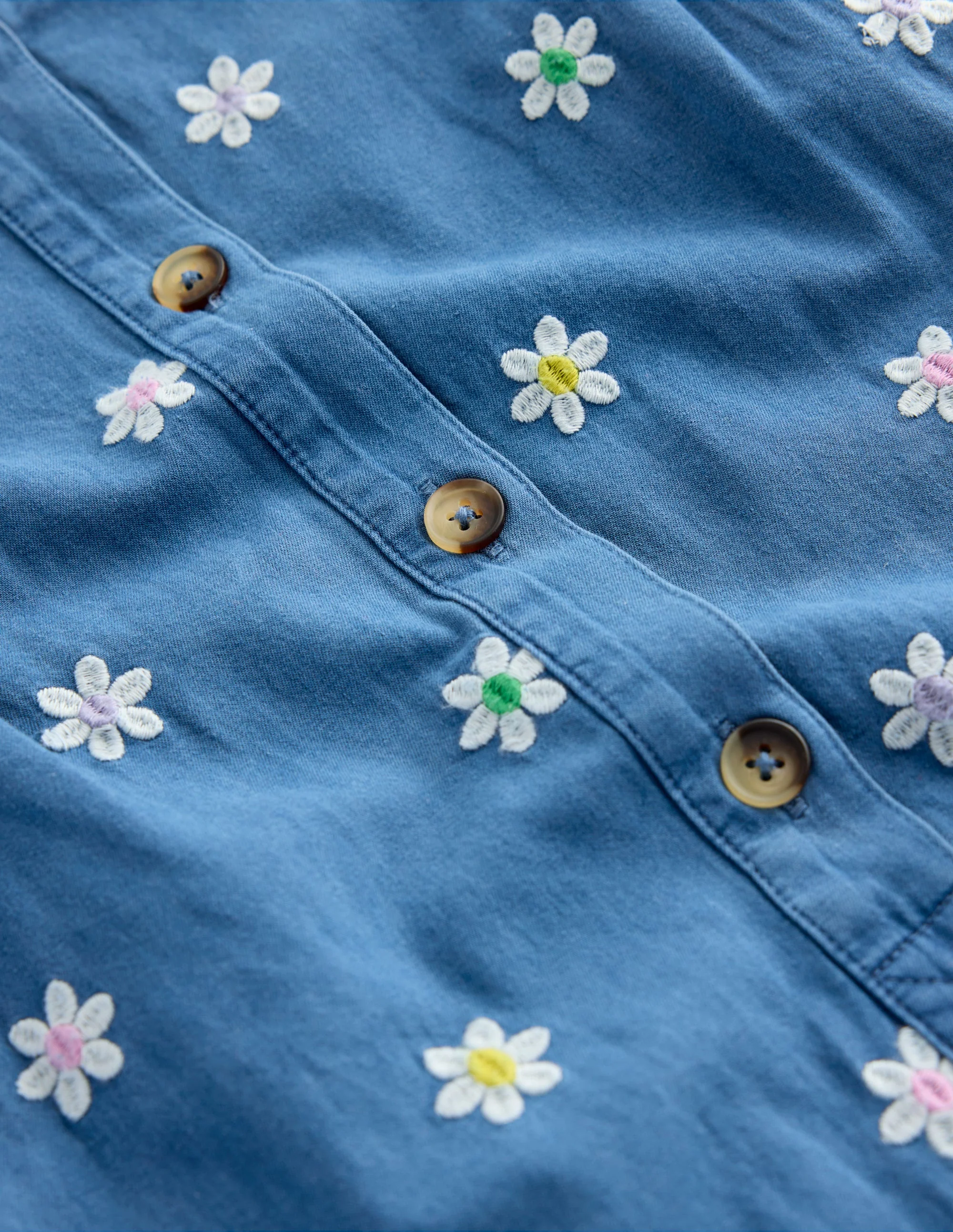 Embroidered Chambray Romper-Denim Daisy Embroidery - Image 3