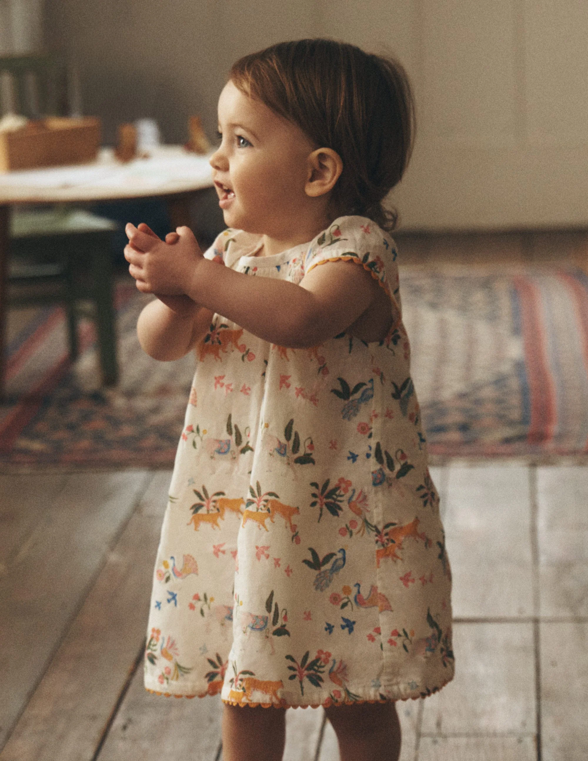 Floaty Shirred Dress-Ivory Jungle Animals