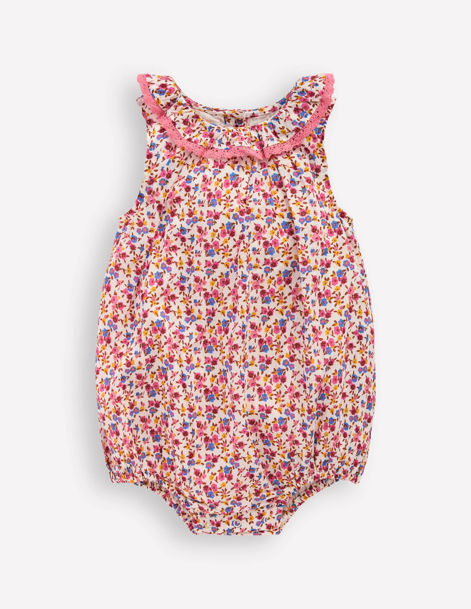 Frill Neck Bubble Romper-Pink Ditsy Floral