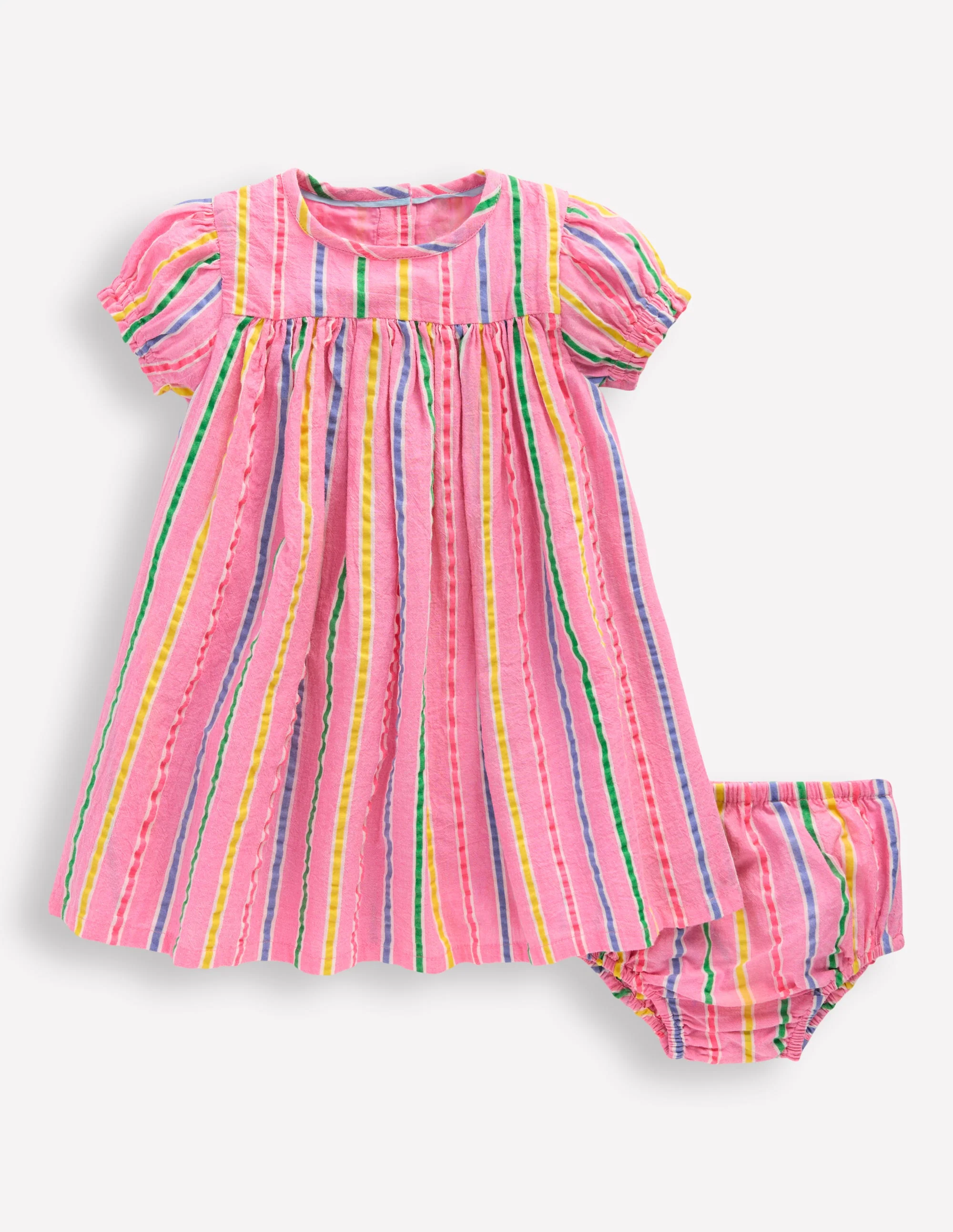 Gathered Woven Dress-Neon Pink Multi Stripe - Image 3