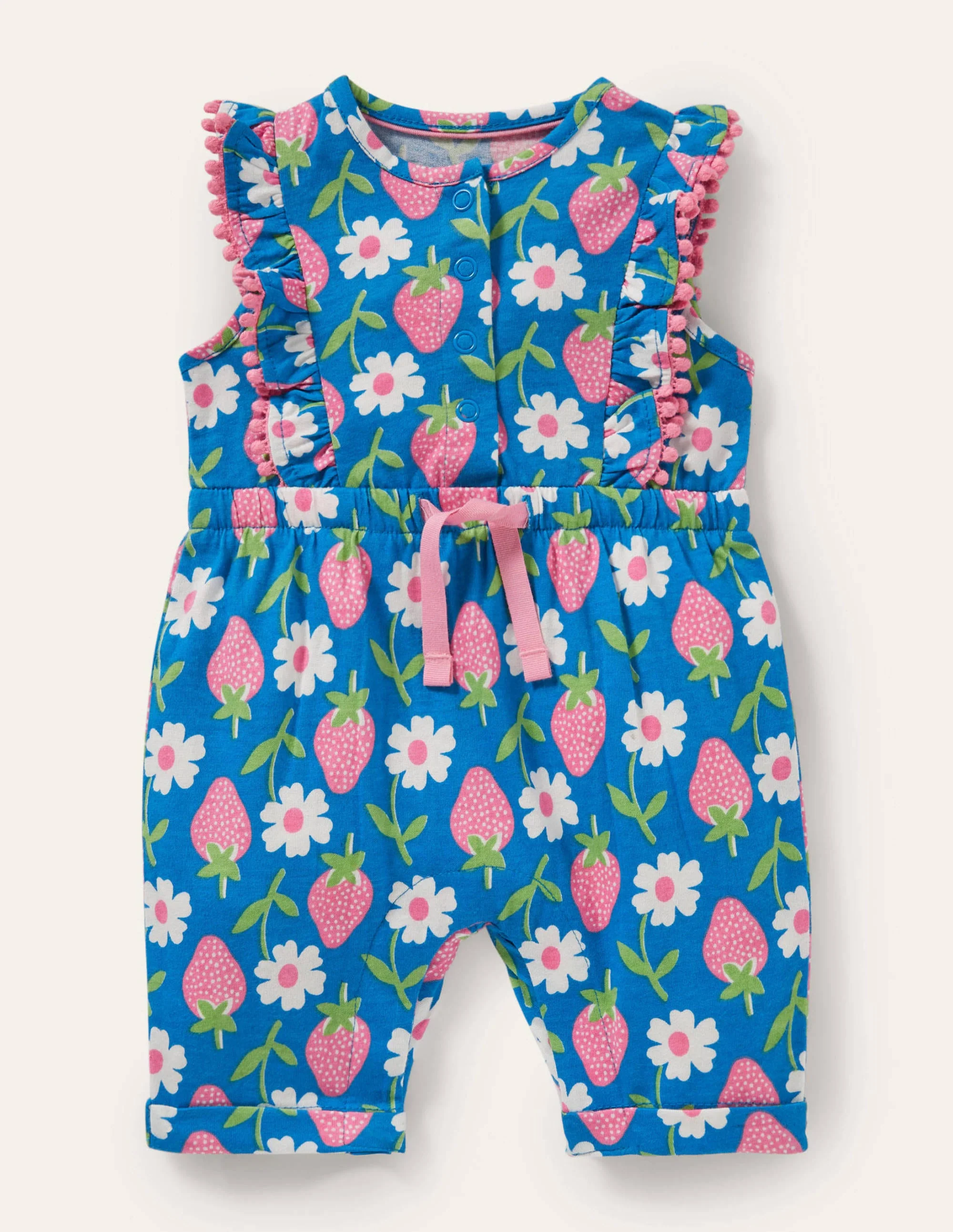 Jersey Ruffle Romper-Bright Marina Blue Strawberry