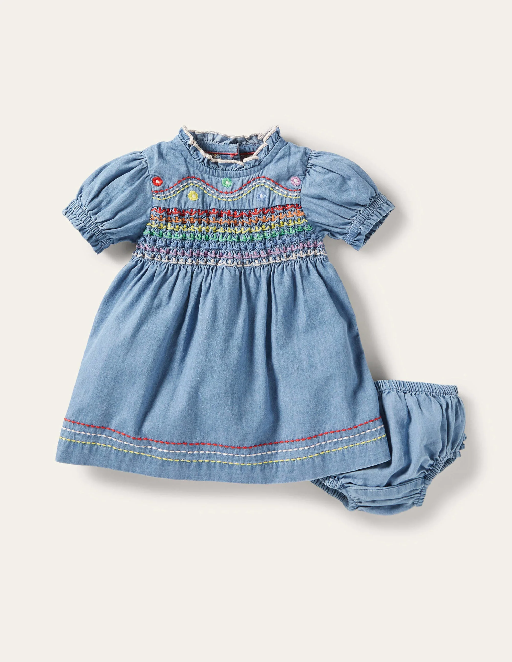 Rainbow Smocked Chambray Dress-Mid Chambray