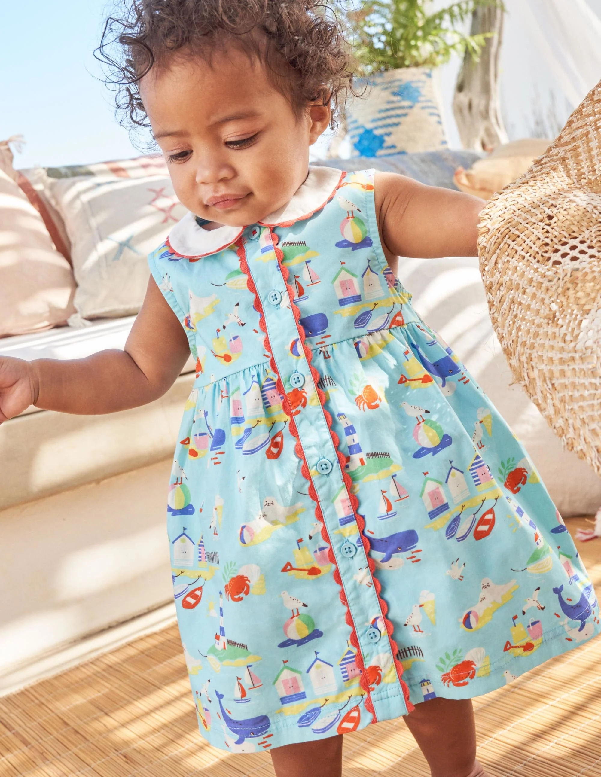Sleeveless Collared Dress-Aqua Blue Coastal Scene - Image 4