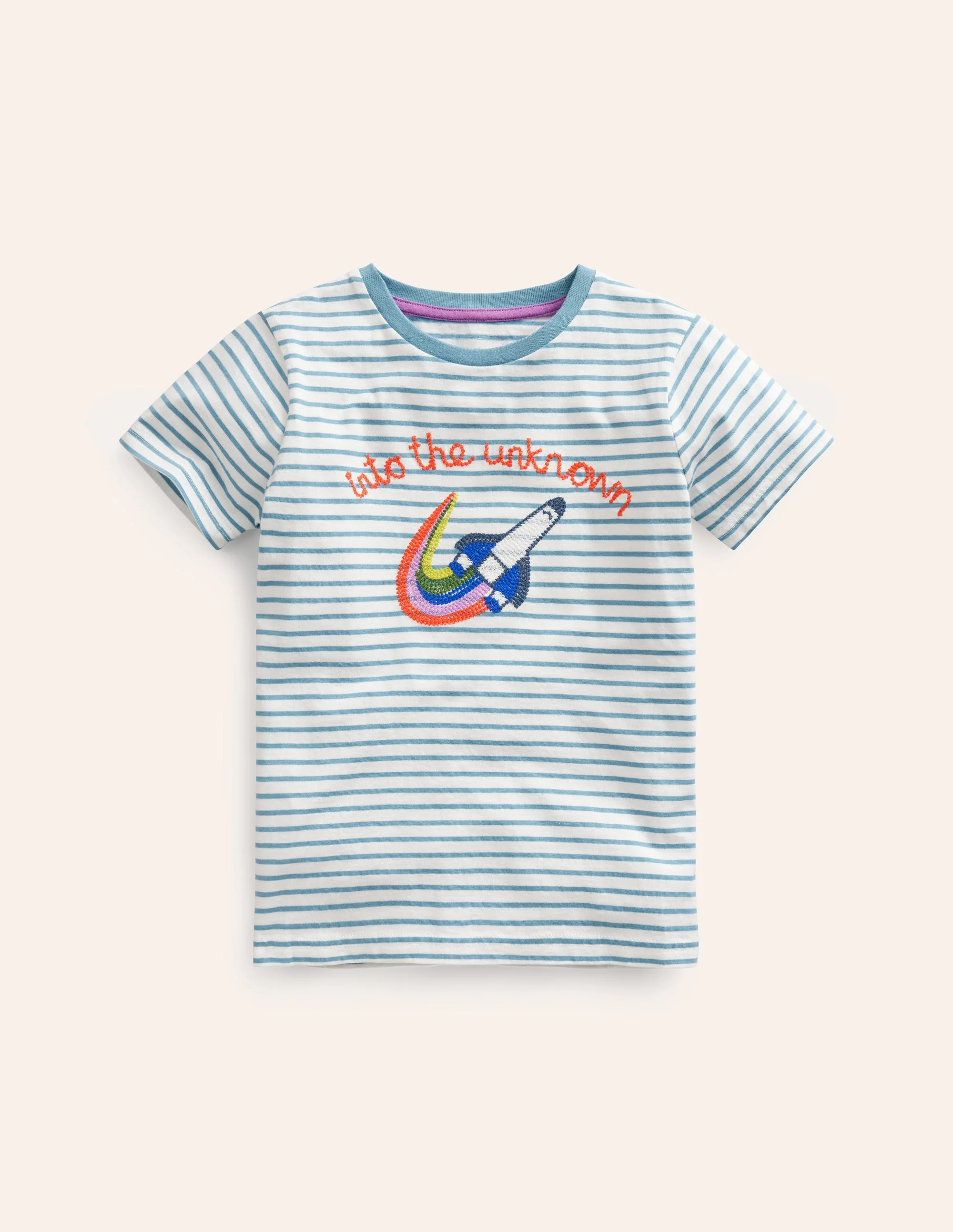 Embroidered Graphic T-shirt-Sapphire Blue/Ivory Rocket