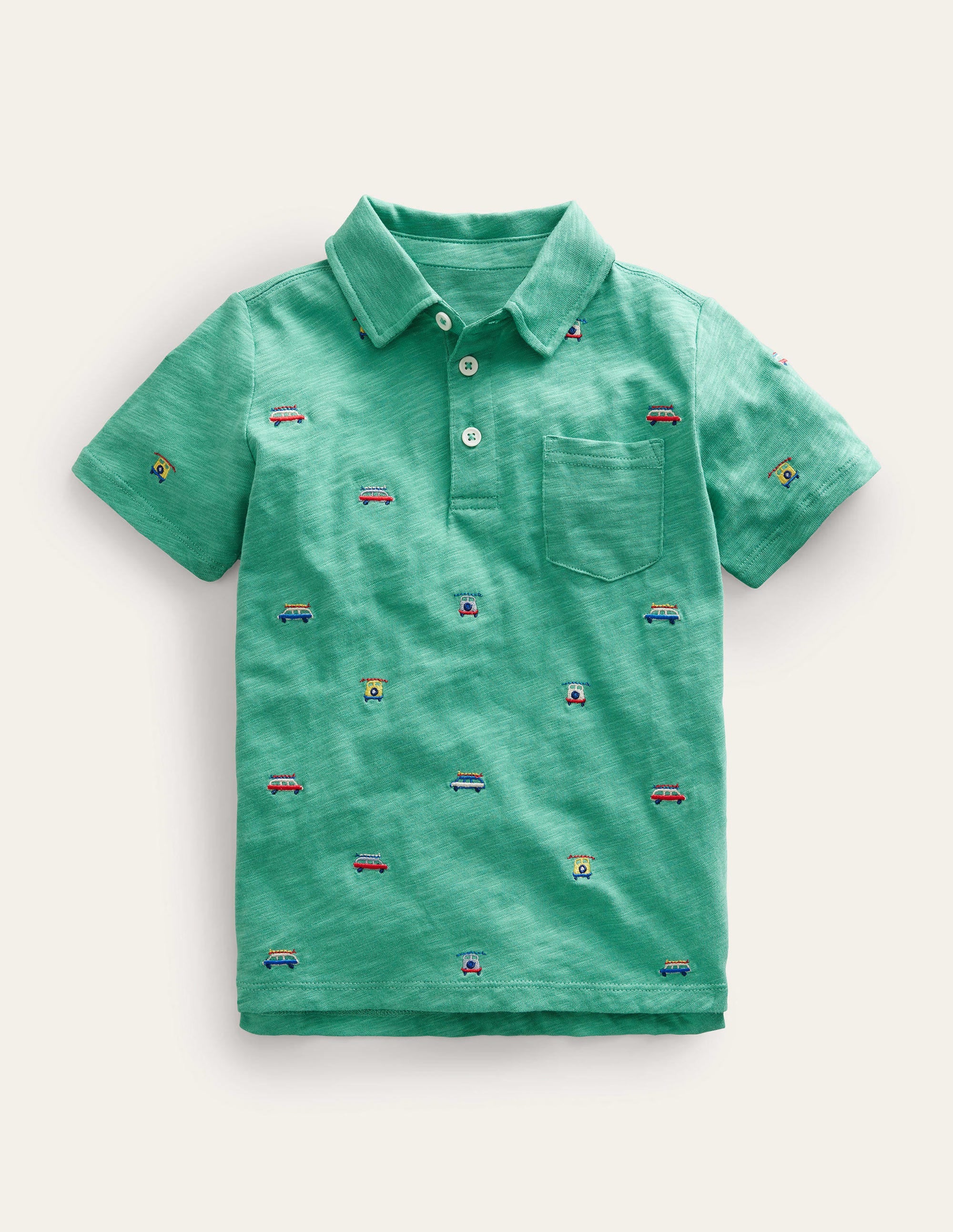 Embroidered Slubbed Polo Shirt-Green Cars
