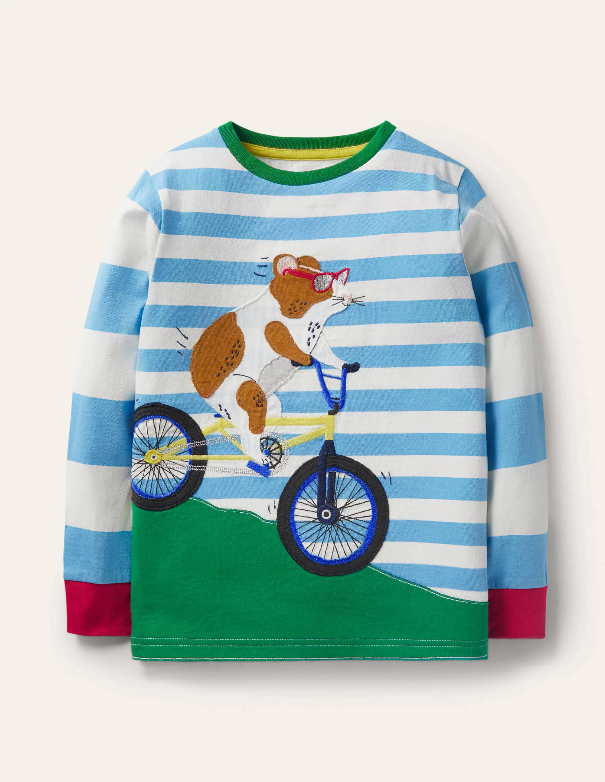 Stripe Animal Appliqué T-shirt-Surfboard Blue/Ivory Guinea