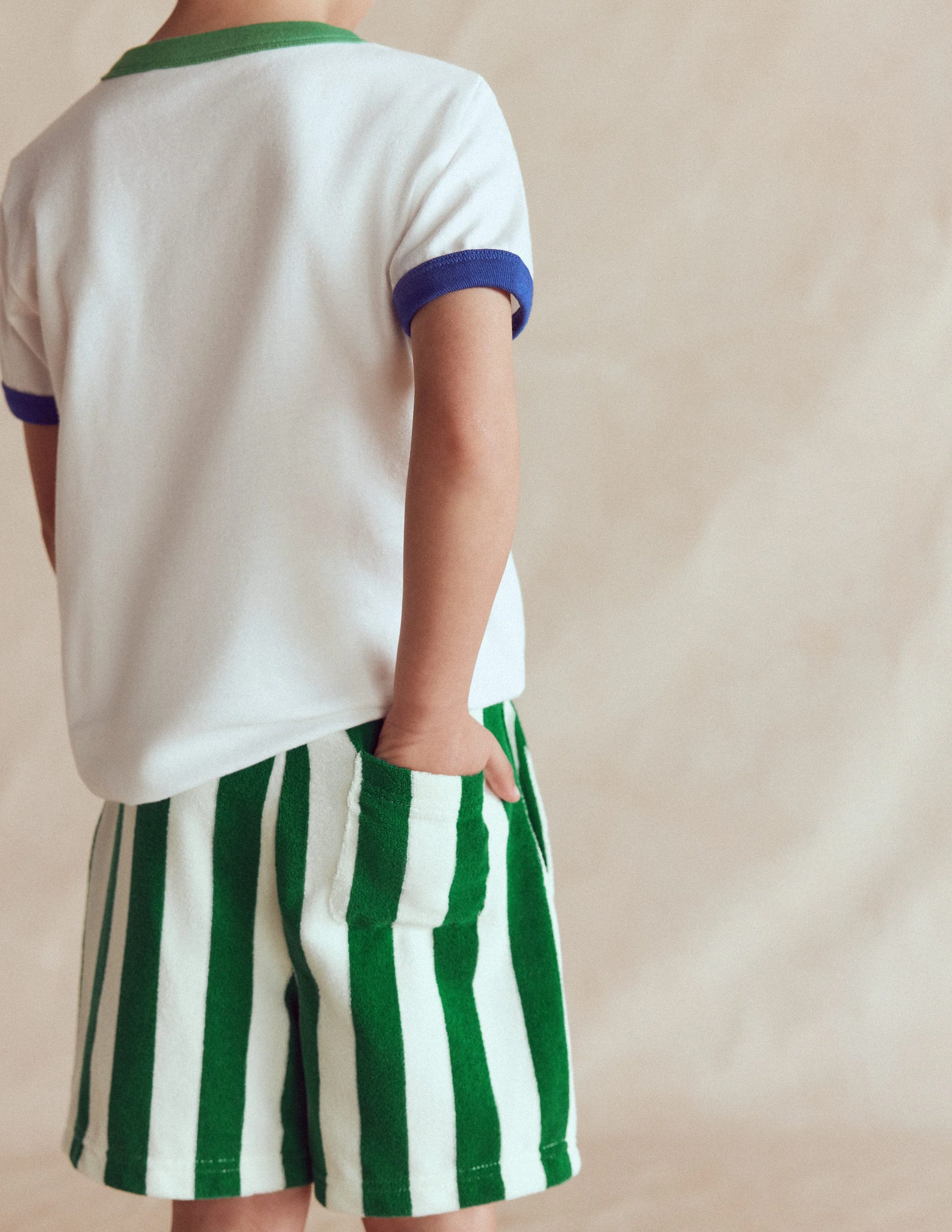 Towelling Shorts-Green and Ivory Stripe - Image 2