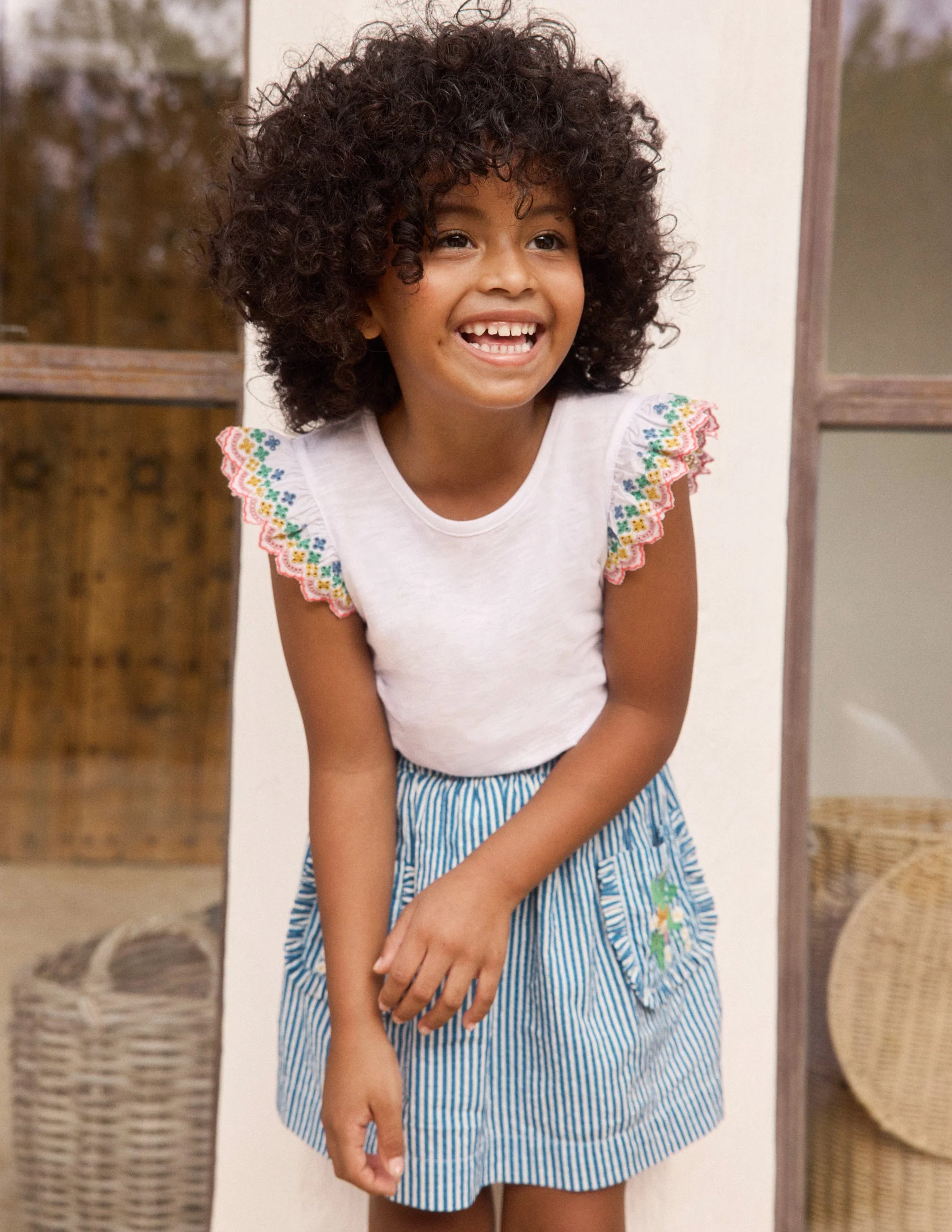 Applique Pocket Skirt-Blue Ticking Floral Stripe - Image 4