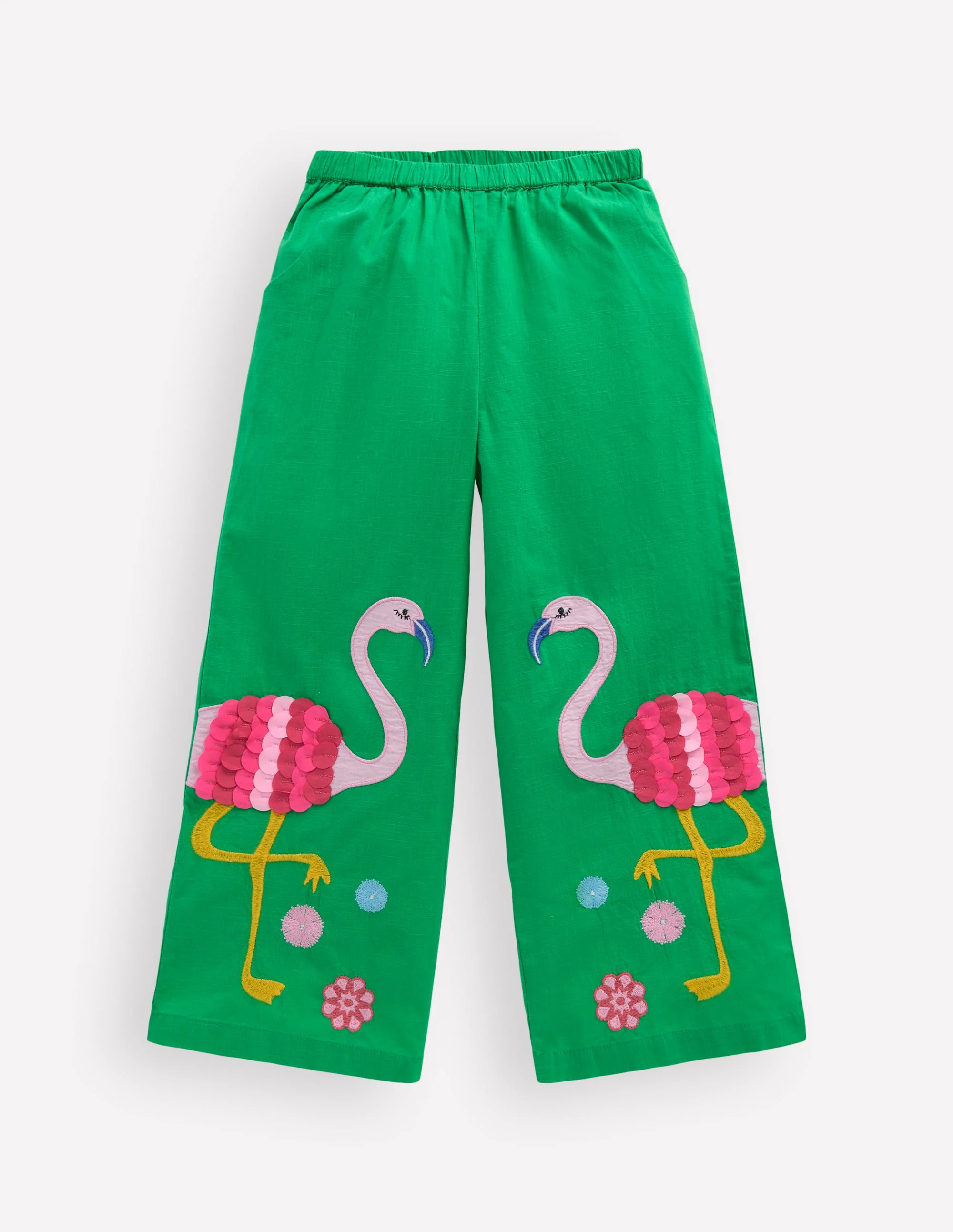 Applique Pull-on Pants-Green Flamingos