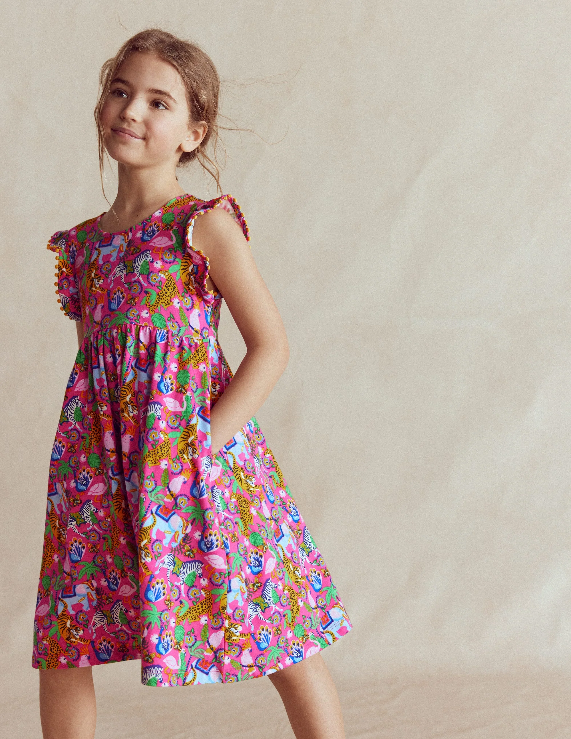 Bow Back Jersey Dress-Flamingo Pink Jungle Animals - Image 2