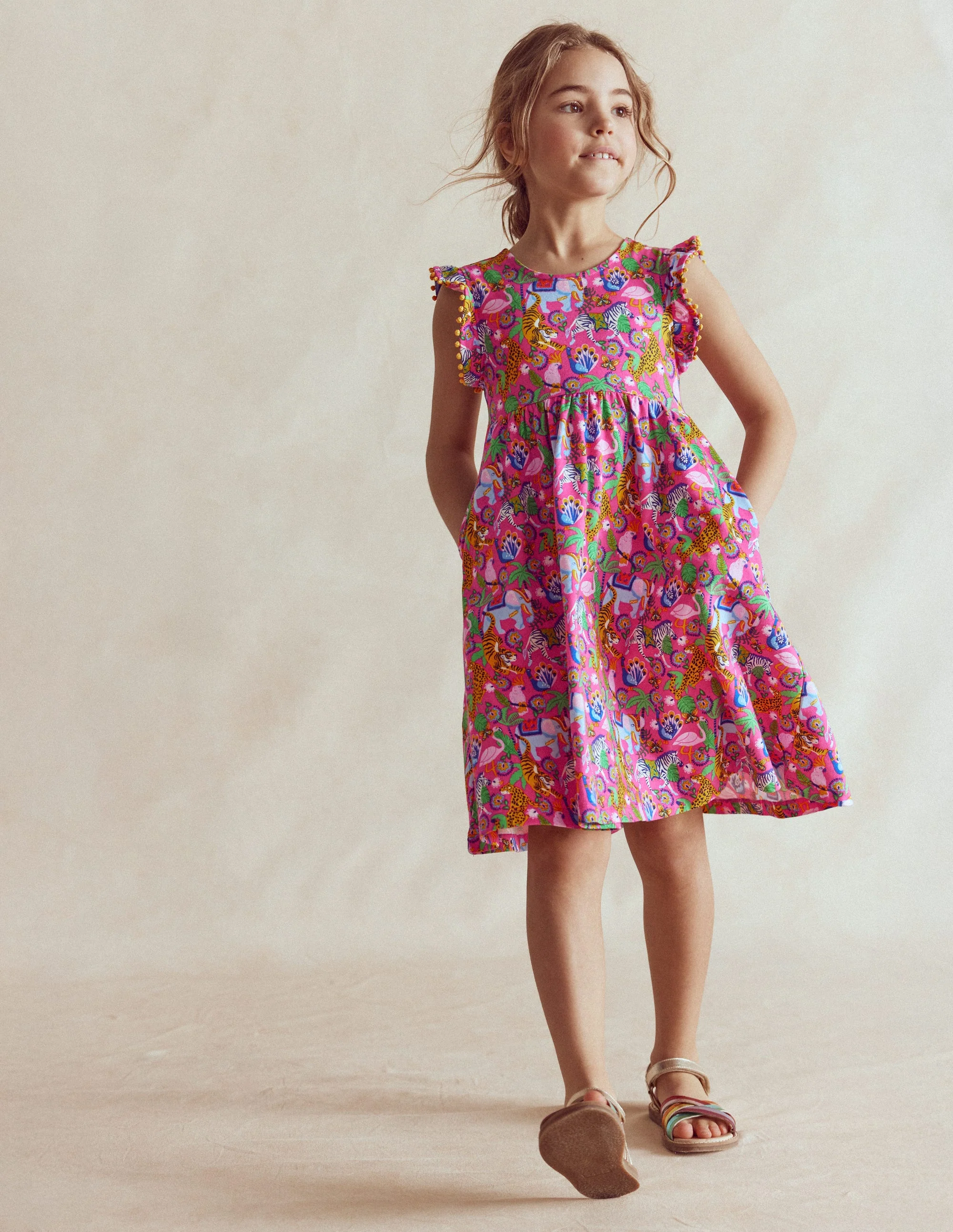 Bow Back Jersey Dress-Flamingo Pink Jungle Animals - Image 3