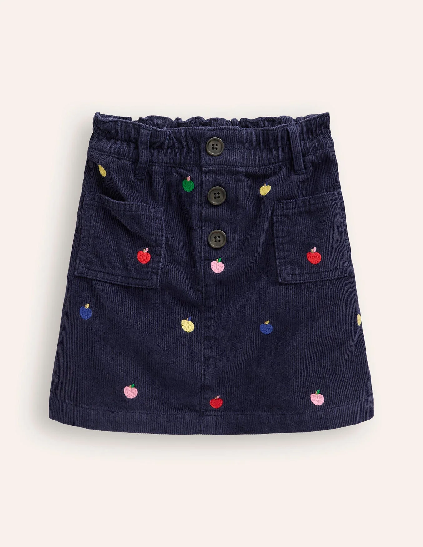 Button Pull-On Mini Skirt-Navy Multi Apples Embroidery - Image 3