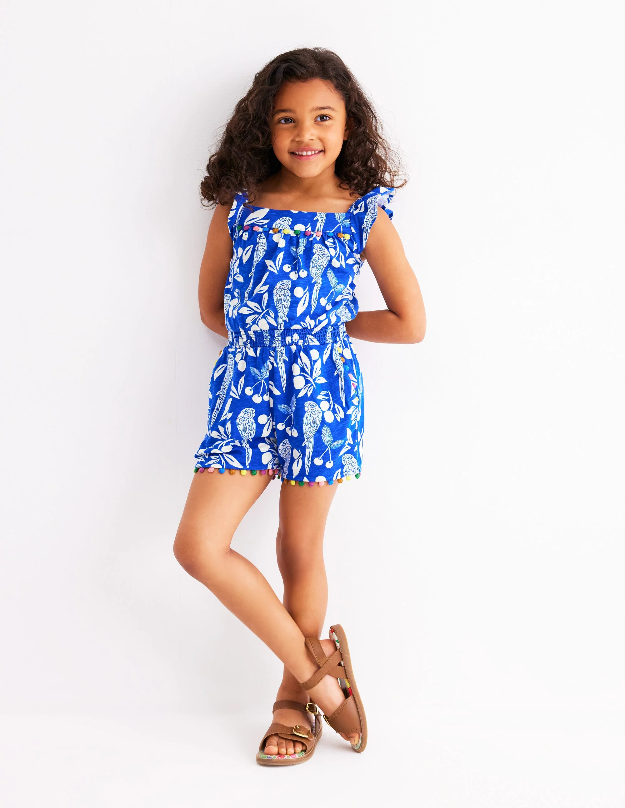 Ciara Pom Trim Jersey Romper-Bright Blue Parrot Palm - Image 3