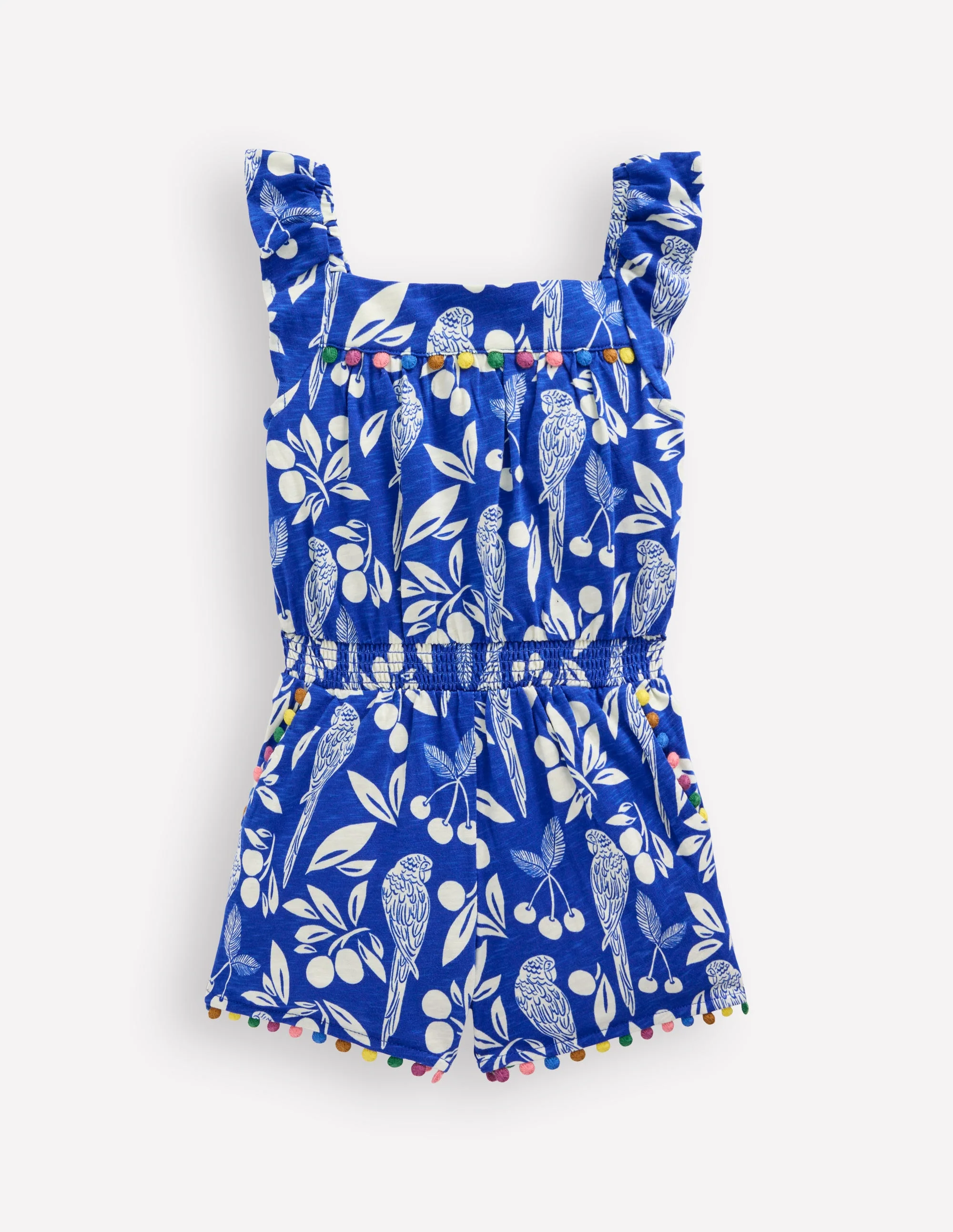 Ciara Pom Trim Jersey Romper-Bright Blue Parrot Palm - Image 5