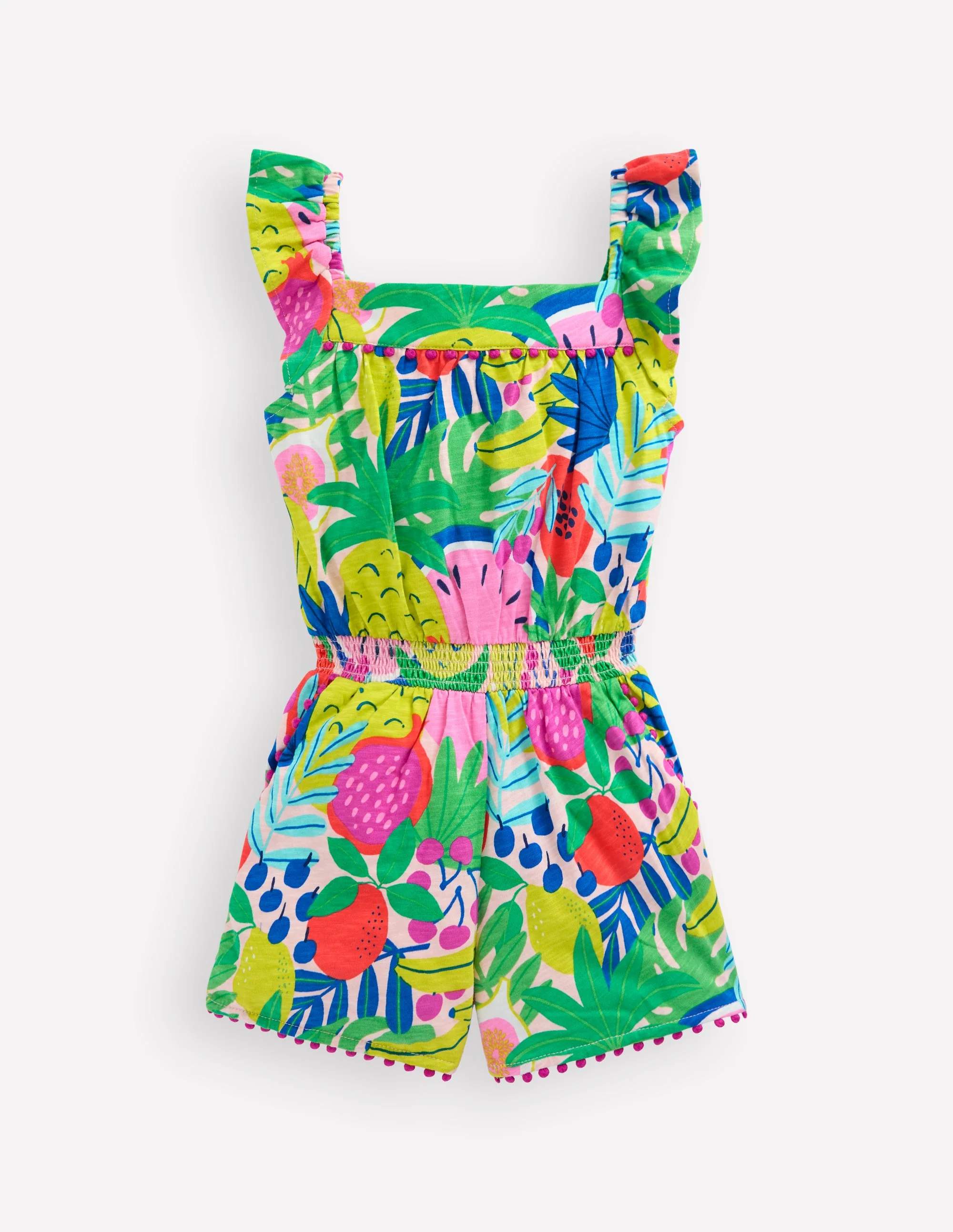 Ciara Pom Trim Jersey Romper-Multi Tropical Fruit