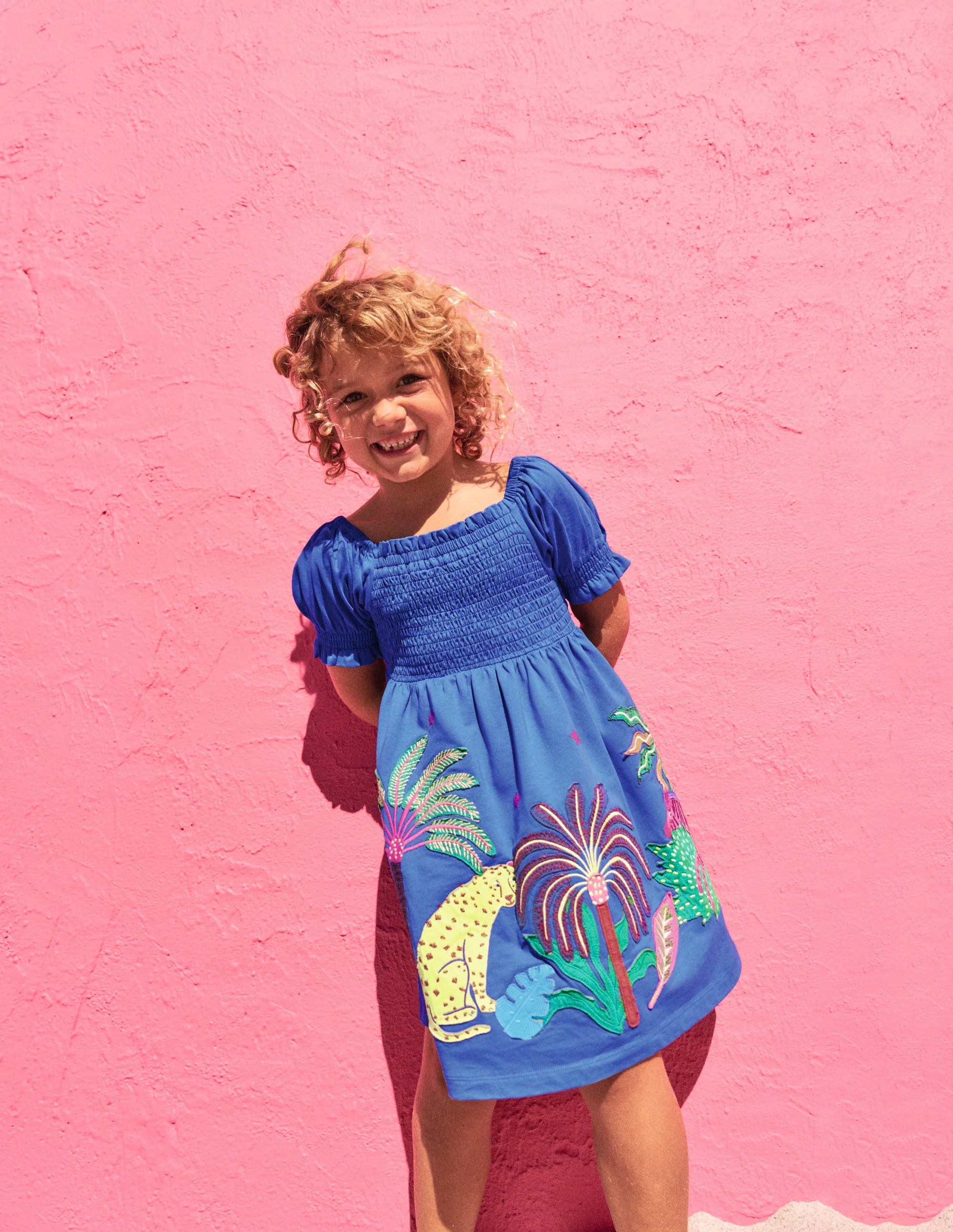 Clare Shirred Appliqué Dress-Blue Safari Animals - Image 4