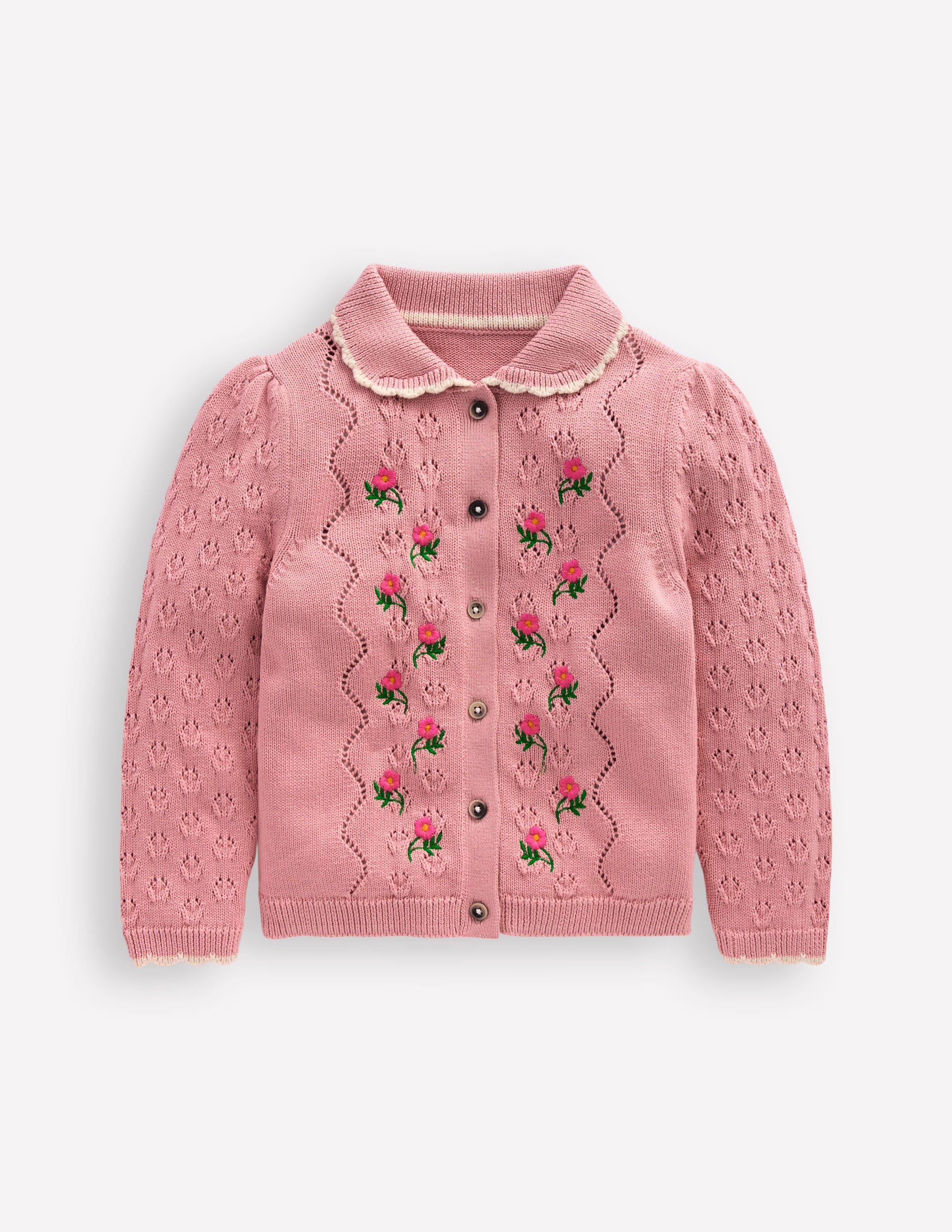 Collared Pointelle Cardigan-Vintage Pink