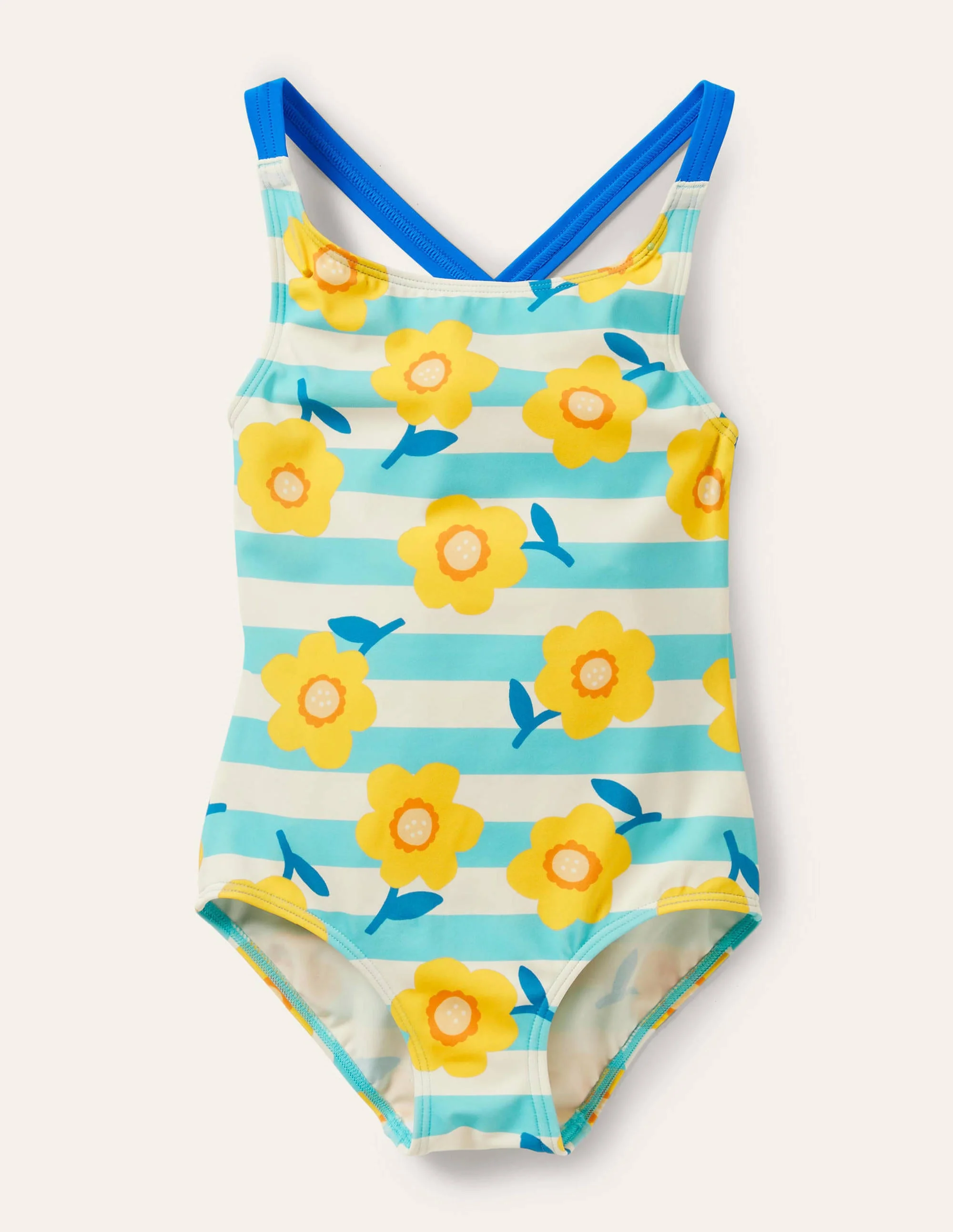 Cross-back Printed Swimsuit-Aqua Blue/ Ivory Daffodil