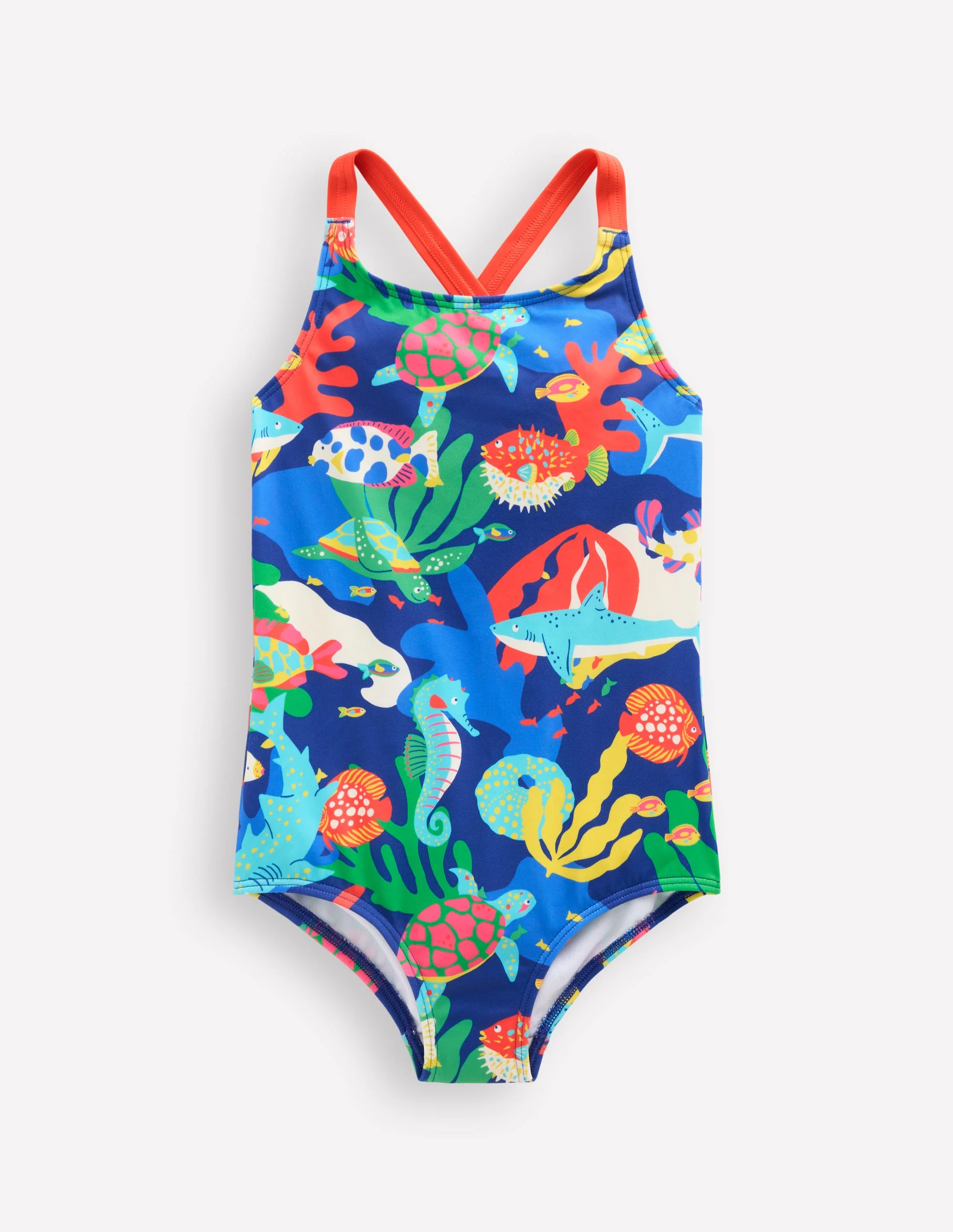 Cross-back Printed Swimsuit-Blue Reef