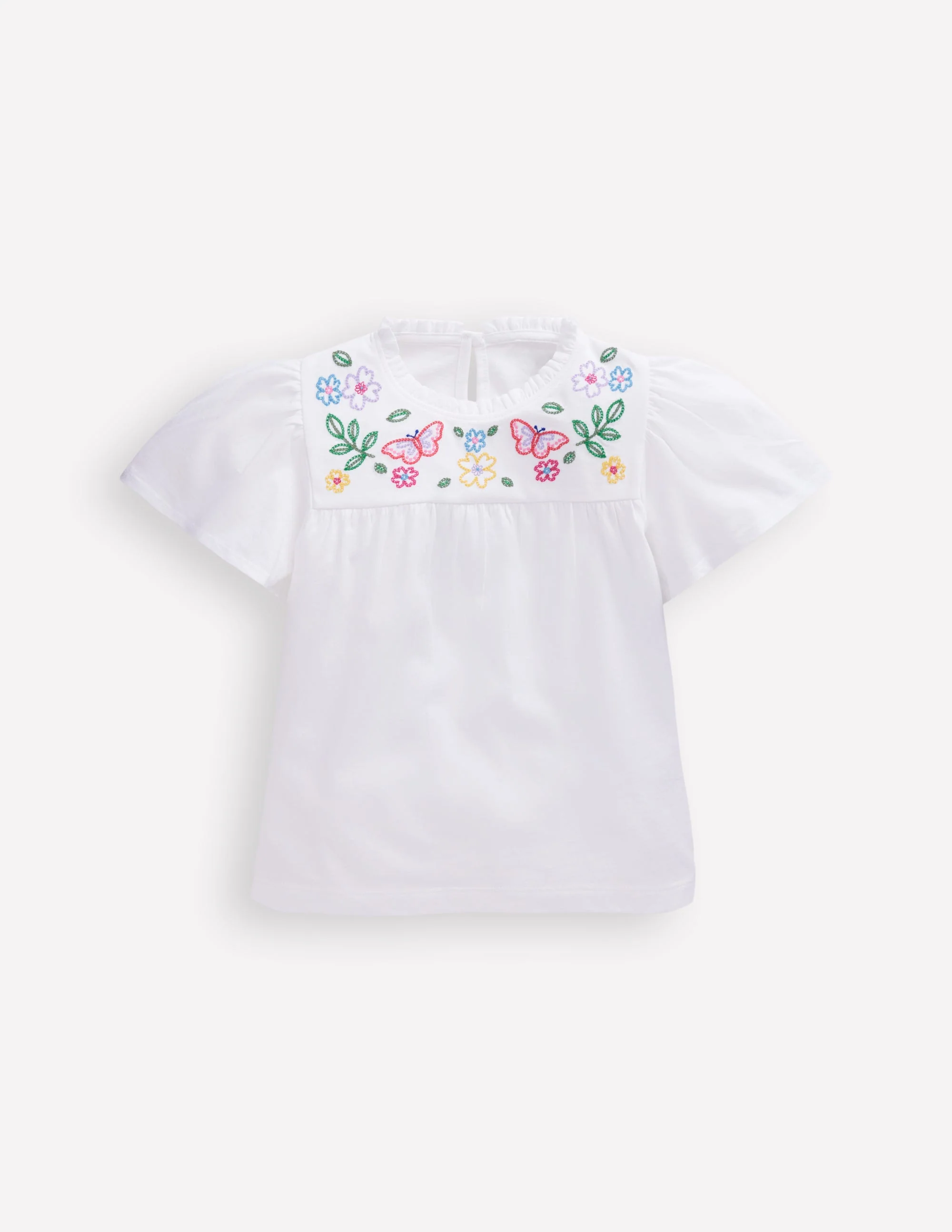 Embroidered Flutter Sleeve Top-White