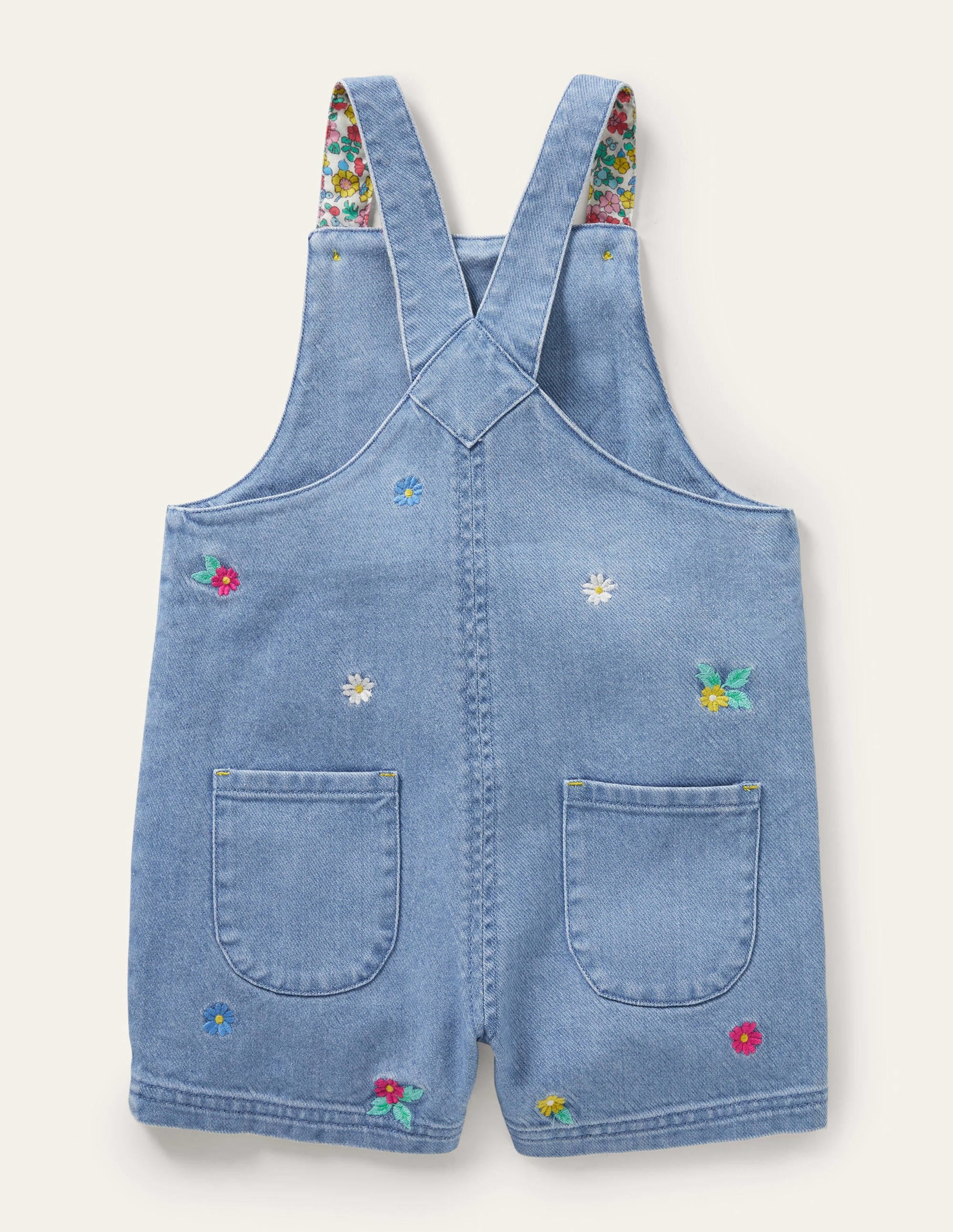 Embroidered Short Overalls-Mid Vintage Denim Floral - Image 2