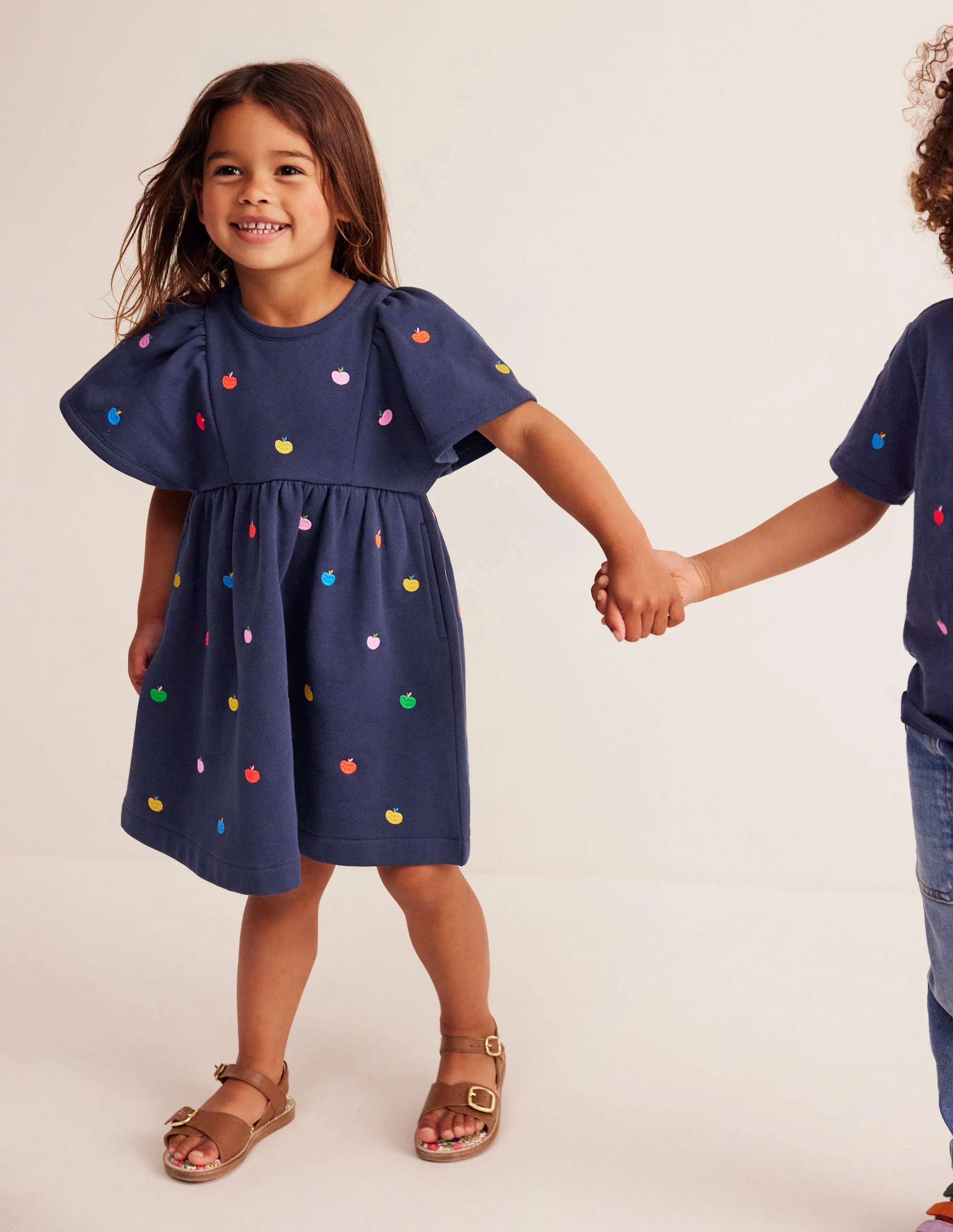Embroidered Sweatshirt Dress-College Navy Rainbow Apples - Image 2