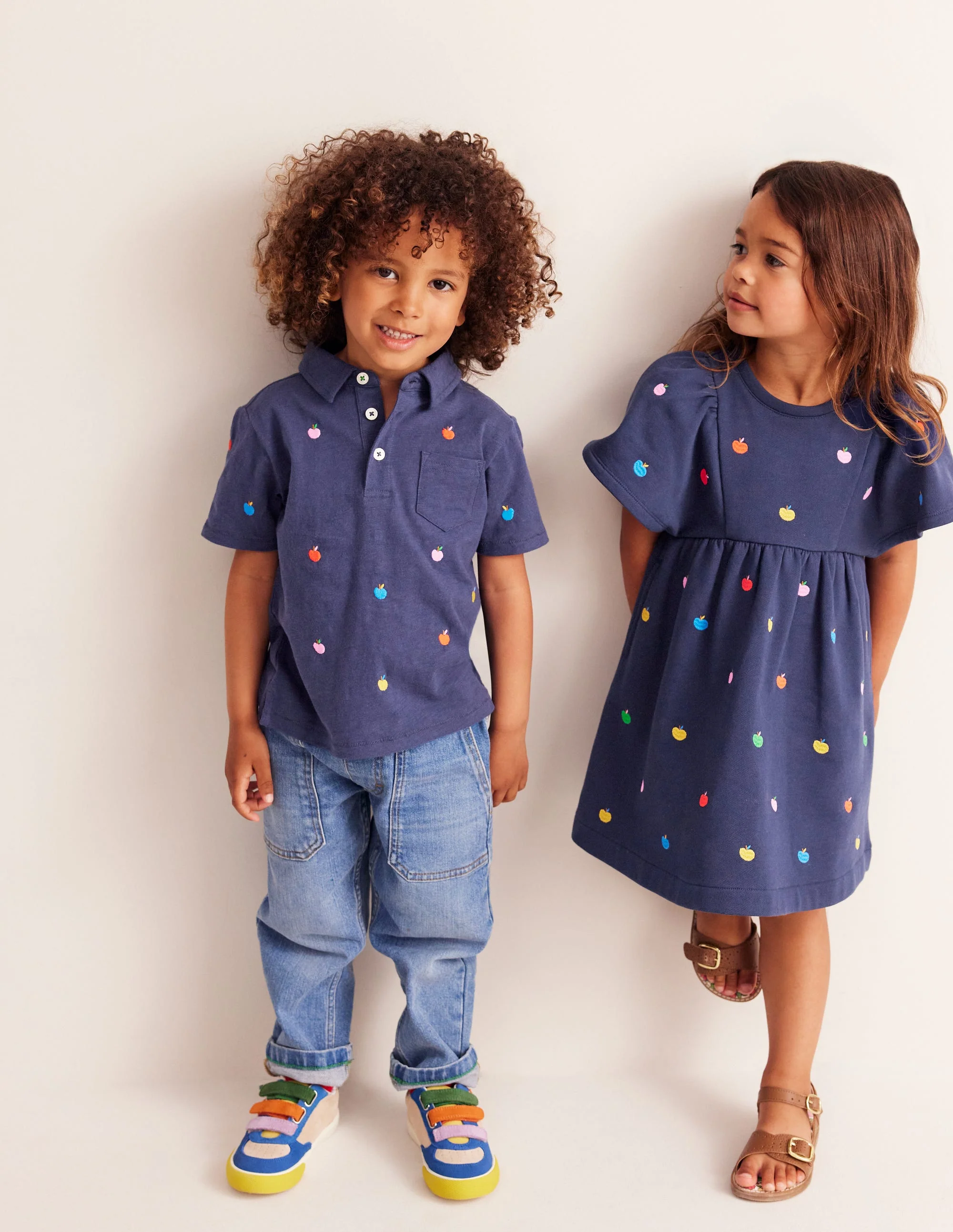 Embroidered Sweatshirt Dress-College Navy Rainbow Apples - Image 3