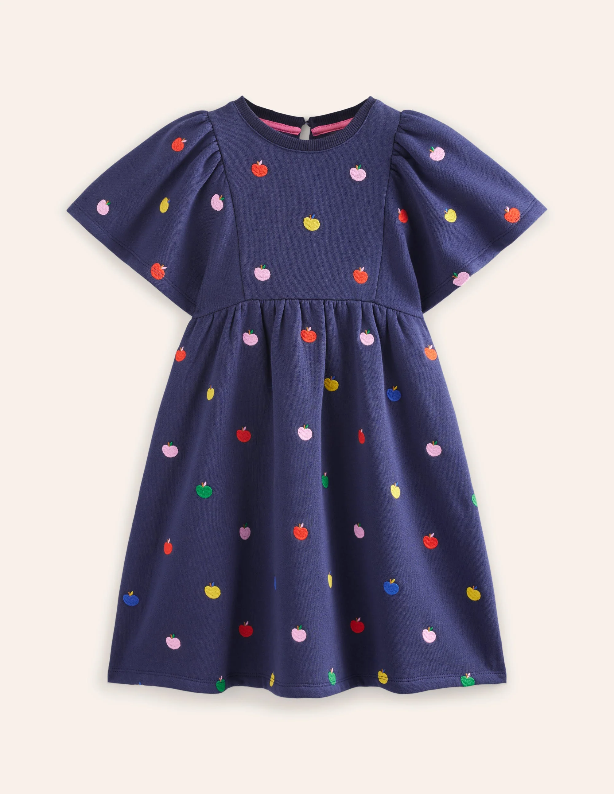 Embroidered Sweatshirt Dress-College Navy Rainbow Apples - Image 4