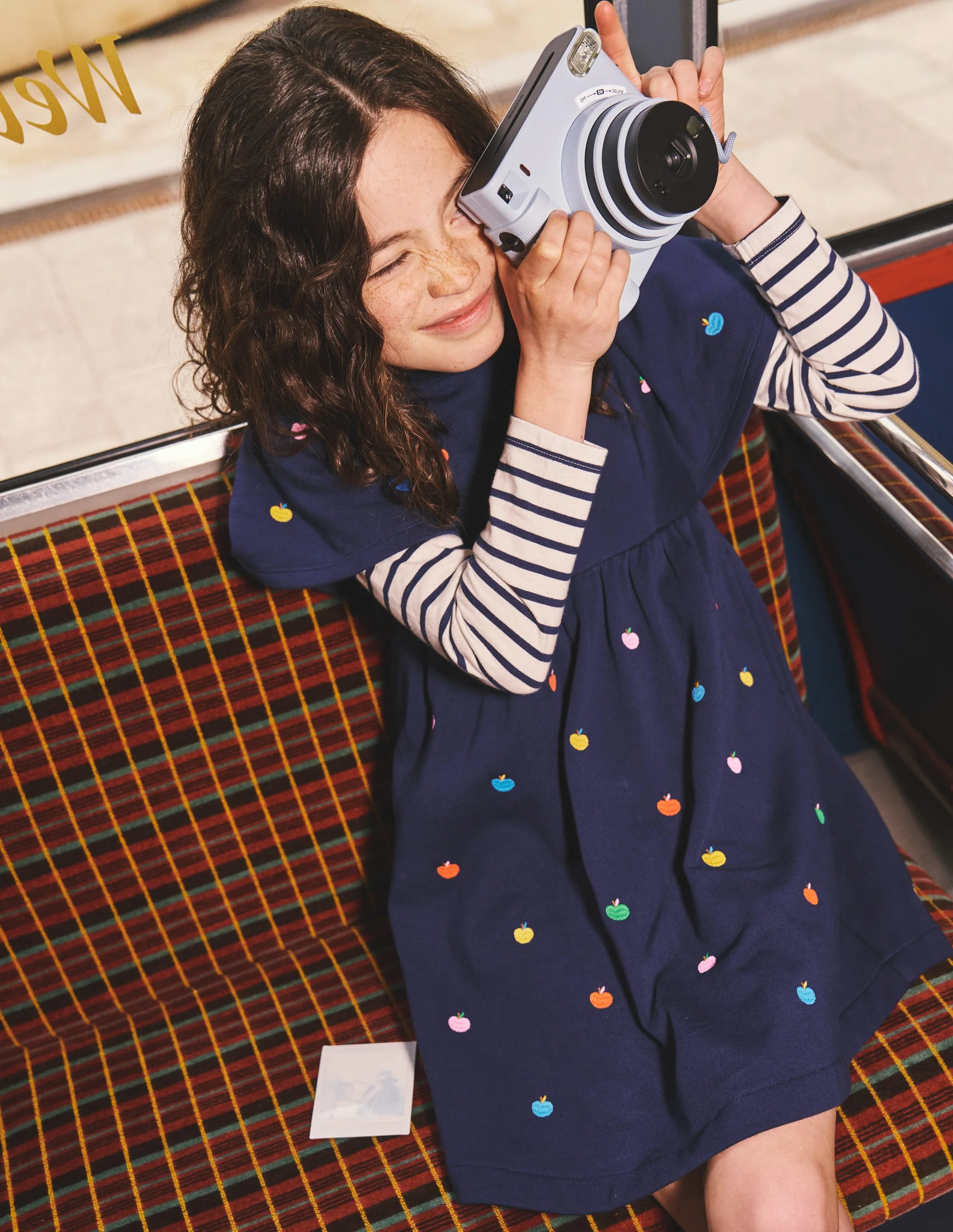 Embroidered Sweatshirt Dress-College Navy Rainbow Apples - Image 7