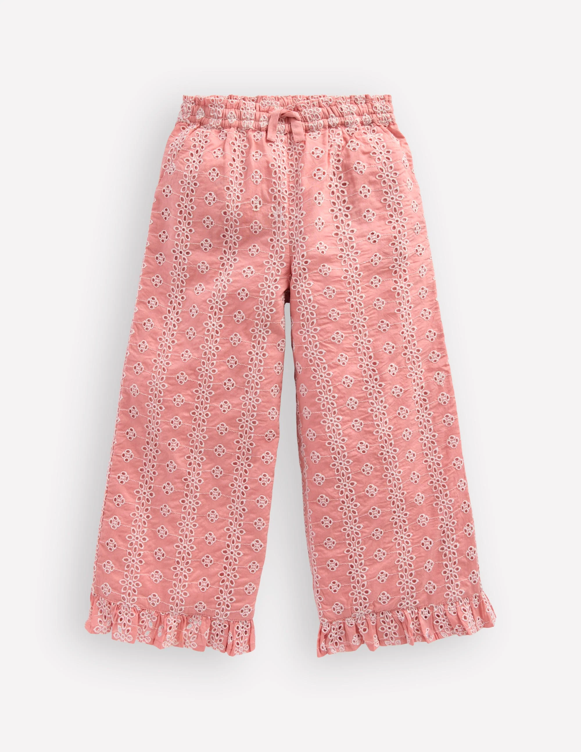 Frill Hem Pants-Pink Broderie