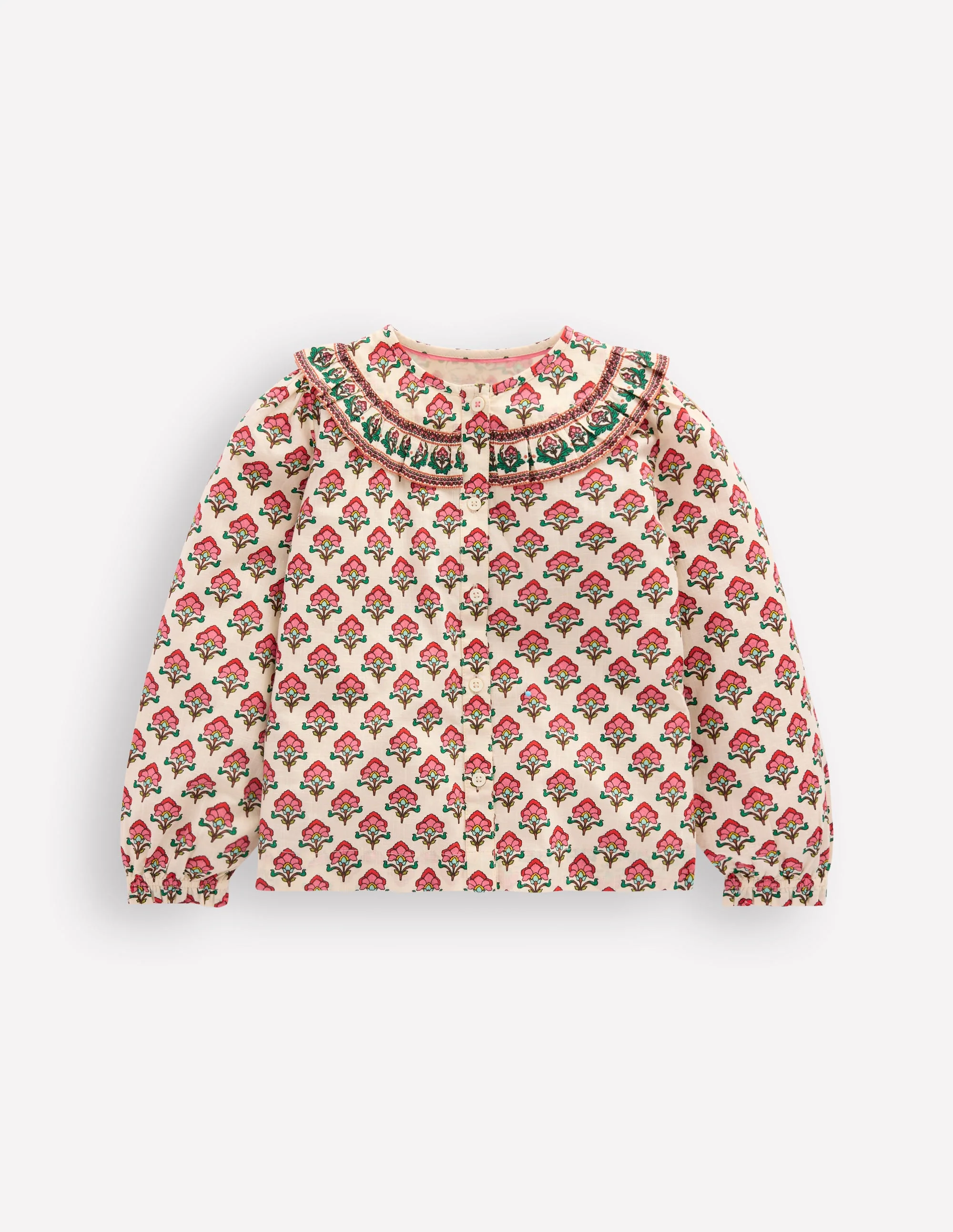 Frill Yoke Blouse-Woodlblock Flower
