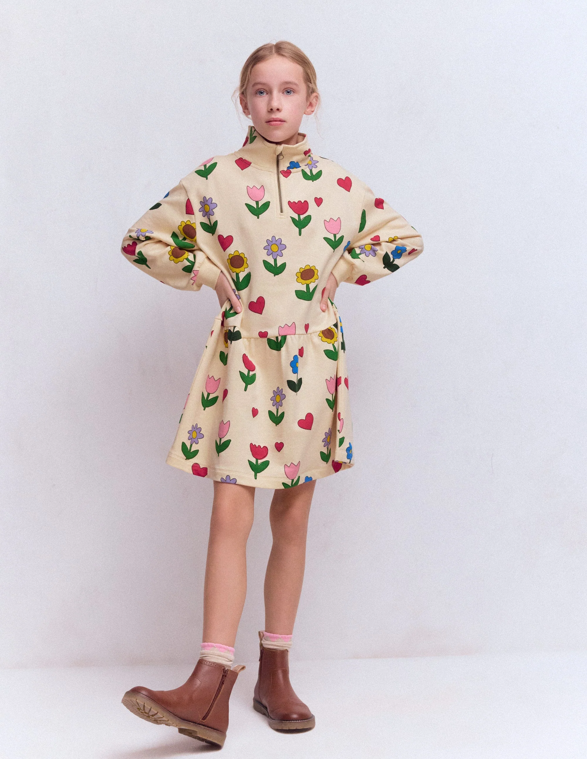 Half Zip Sweat Dress-Calico White Sunflower Garden - Image 3