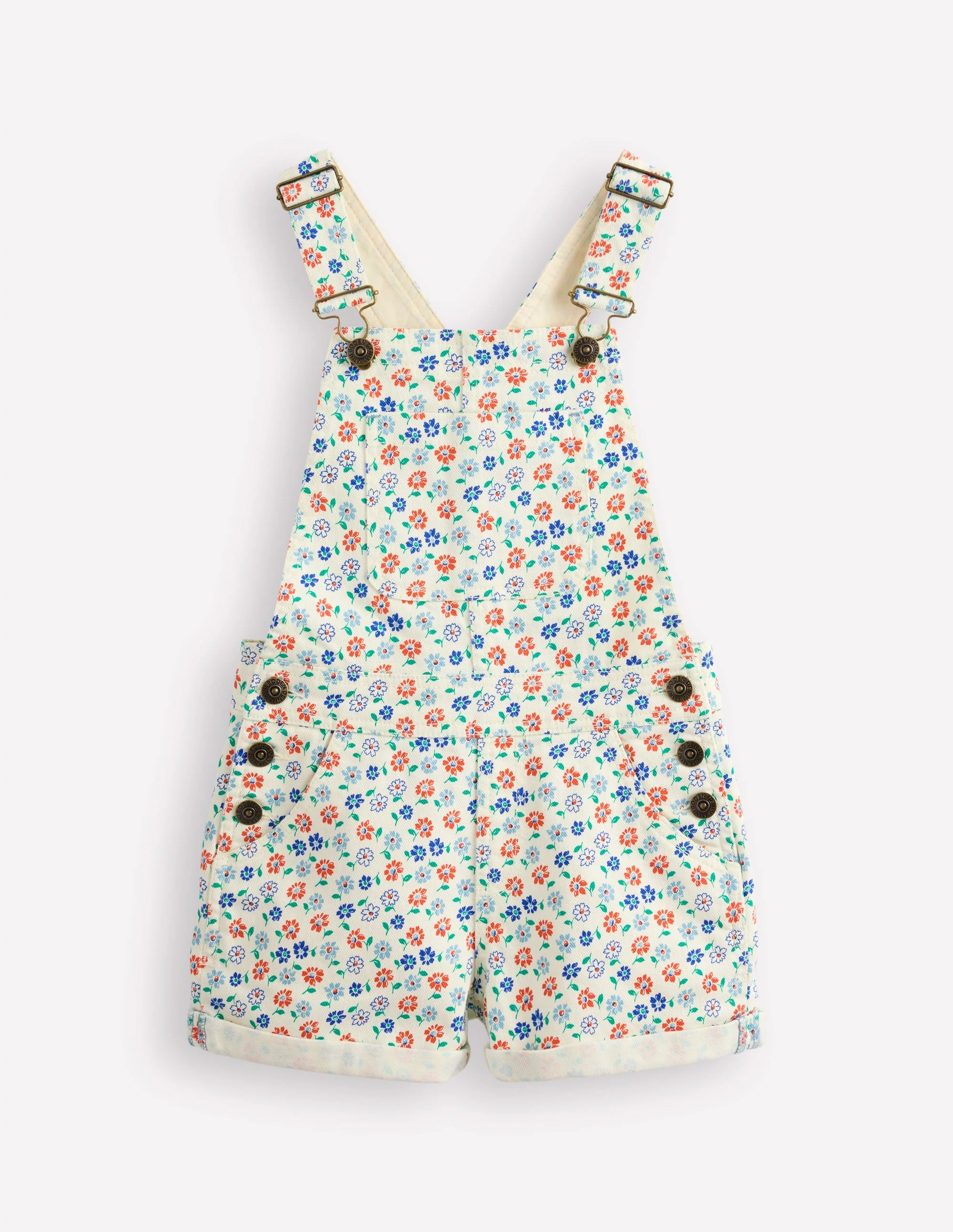 Heart Pocket Short Overalls-Vanilla White Vintage Daisy