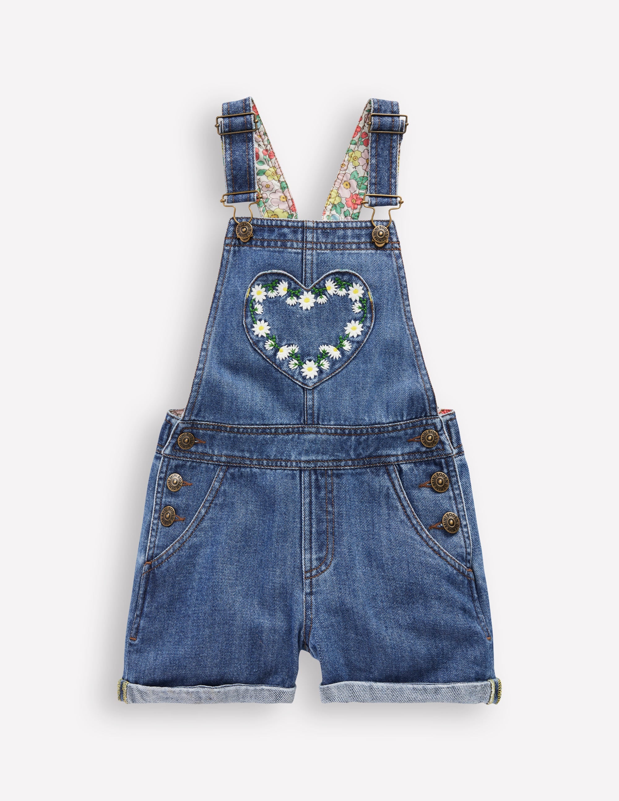 Heart Pocket Short Overalls-Vintage Embroidered Daisy