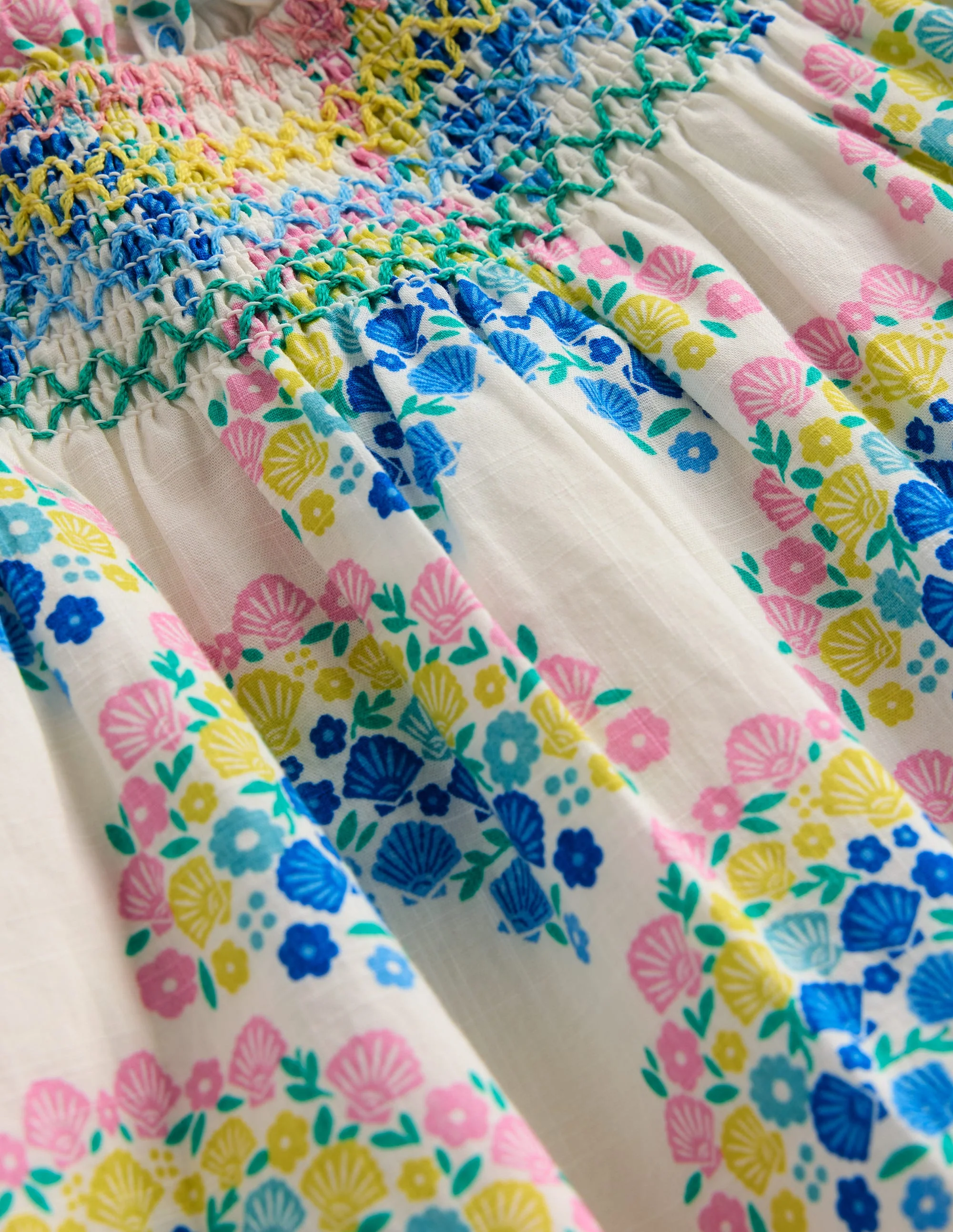 Holiday Smocked Dress-Soft Ivory Rainbow Shells - Image 3