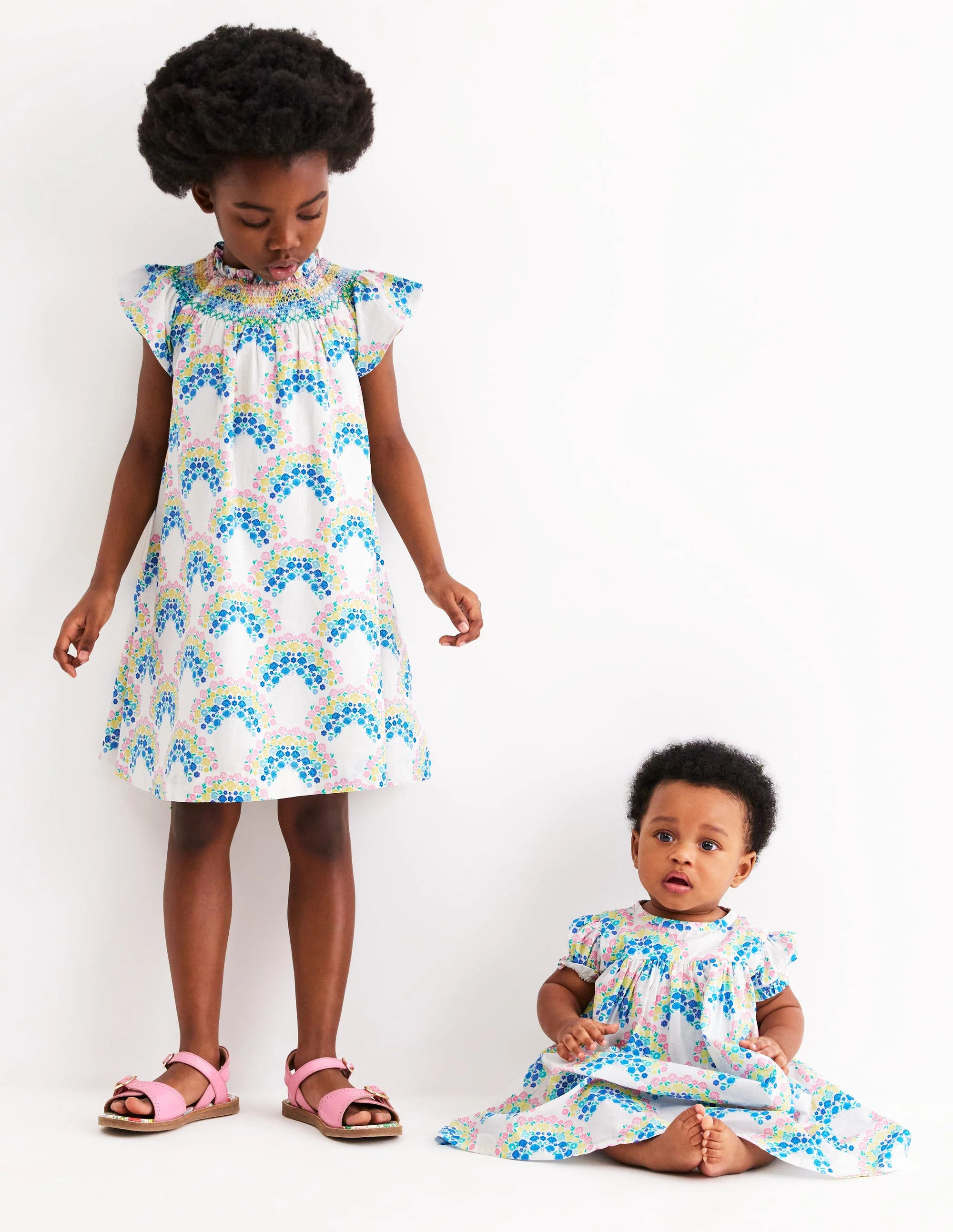 Holiday Smocked Dress-Soft Ivory Rainbow Shells - Image 6