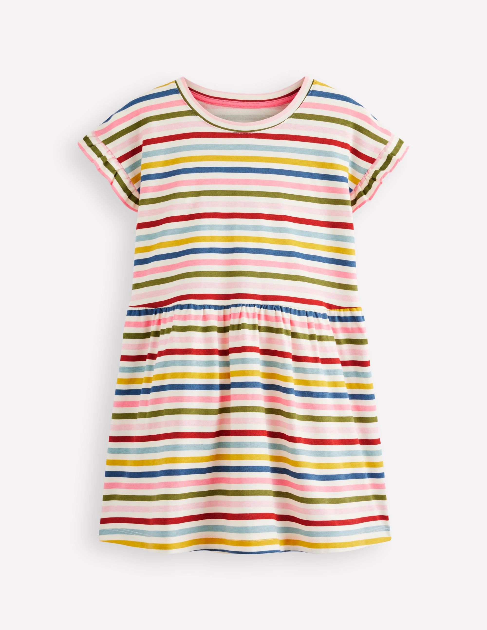 Jersey T-Shirt Dress-Maroon, Pink and Blue Stripe