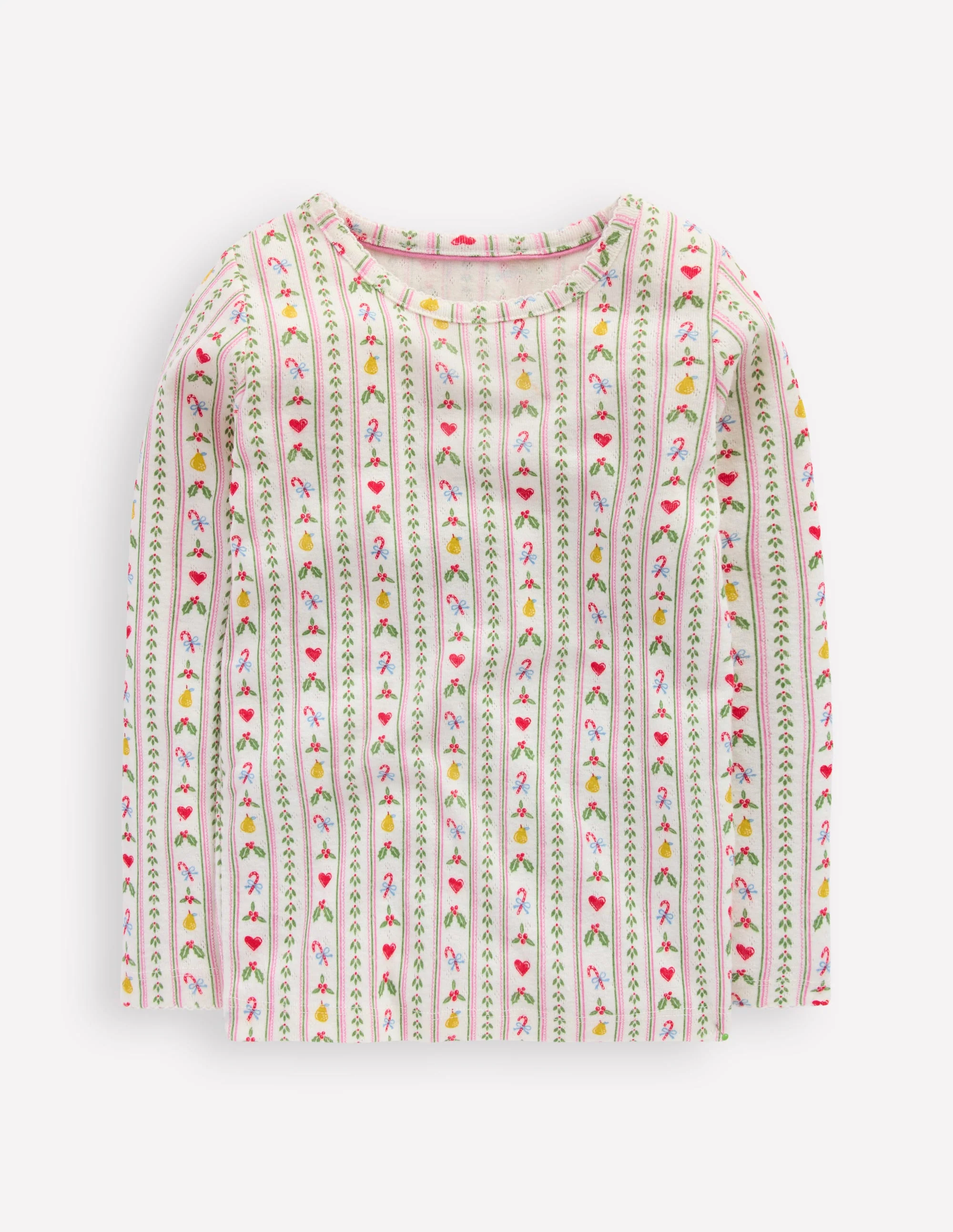 Long Sleeve Pointelle Top-Soft Ivory Nutcracker Stripe