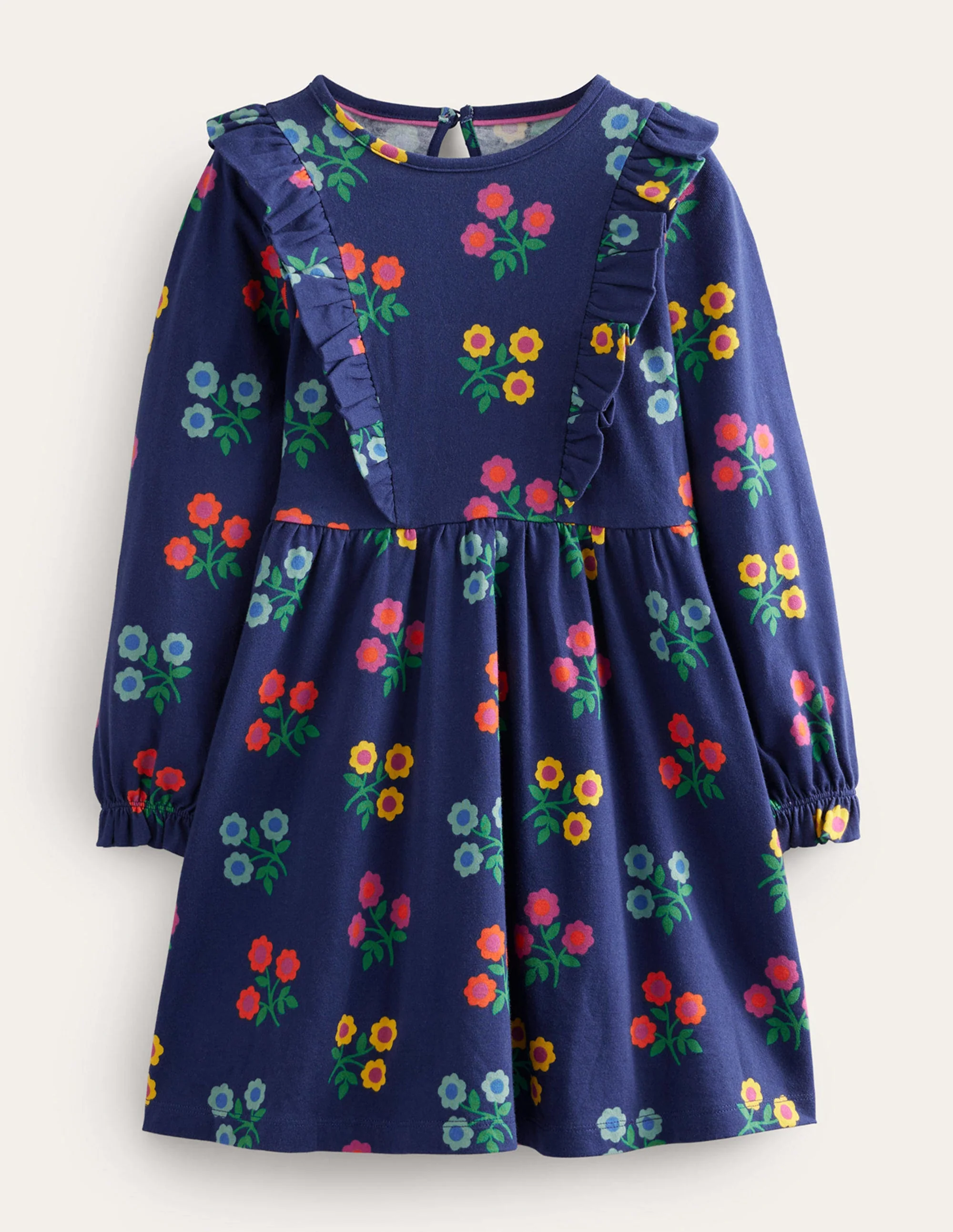 Long Sleeve Ruffle  Dress-College Navy Flower