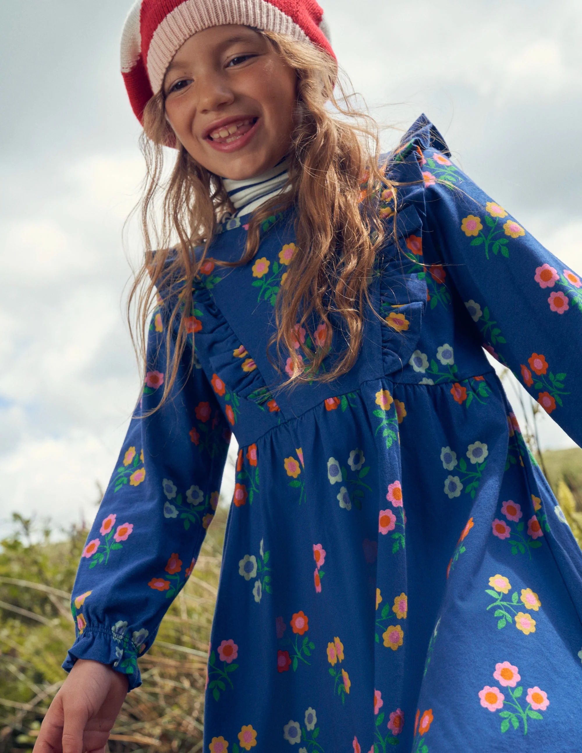 Long Sleeve Ruffle  Dress-College Navy Flower - Image 5