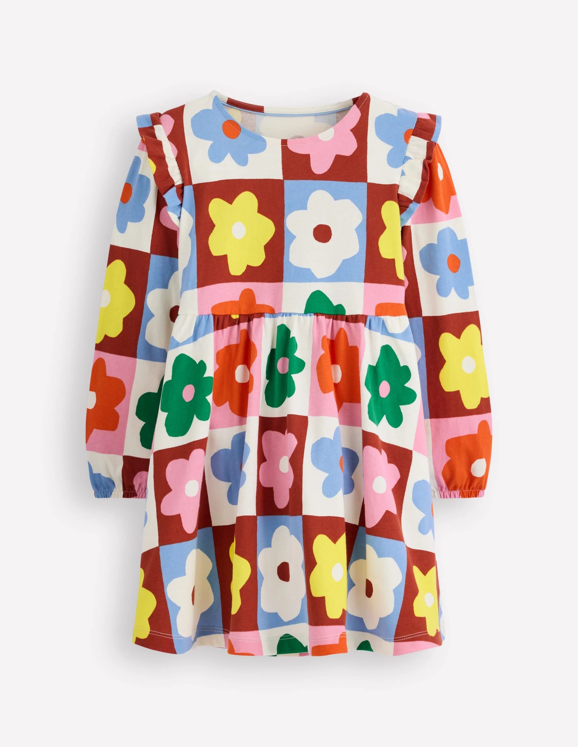 Posie Long Sleeve Jersey Dress-Multi Flower Check