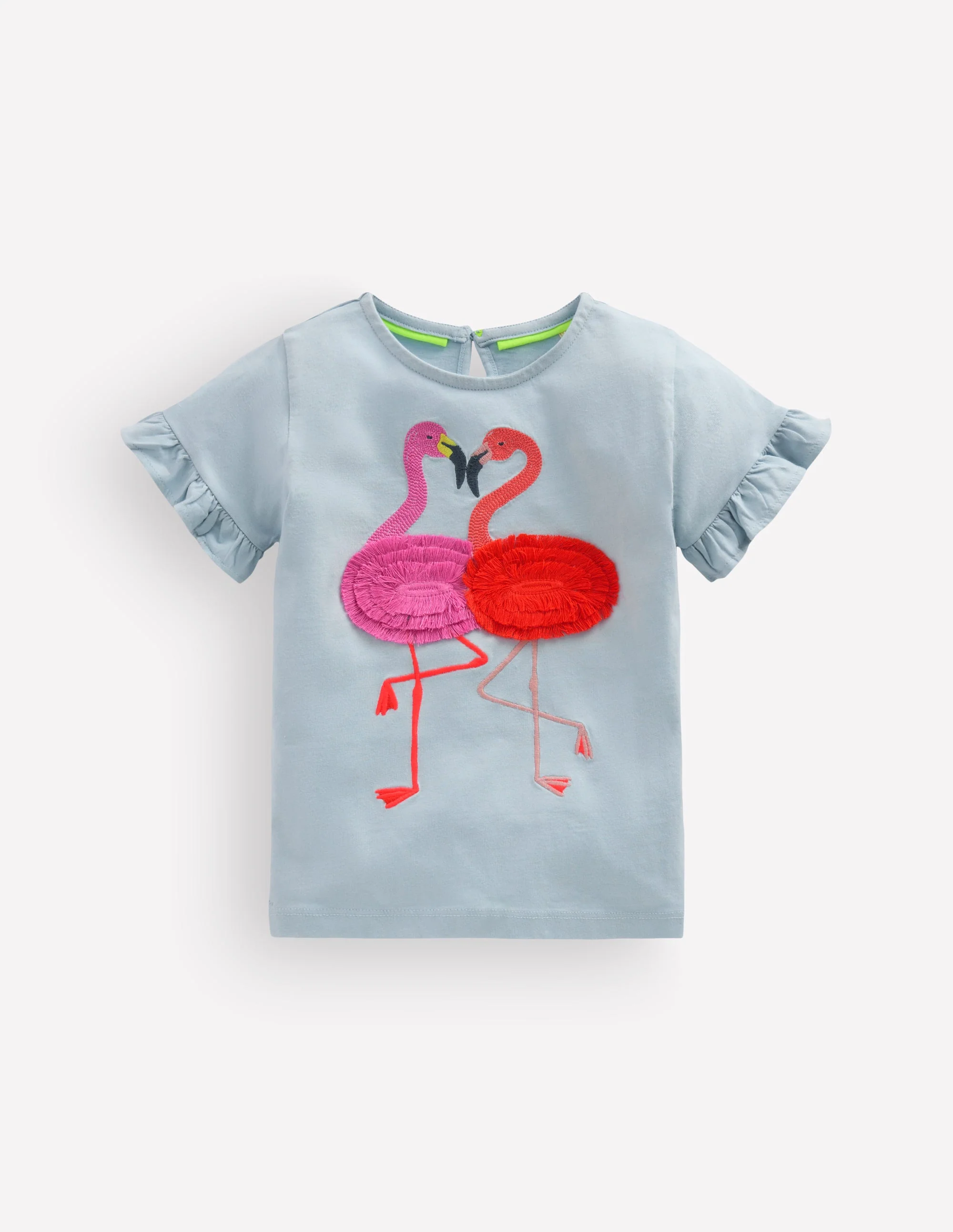 Pretty Frill T-shirt-Misty Blue Flamingos