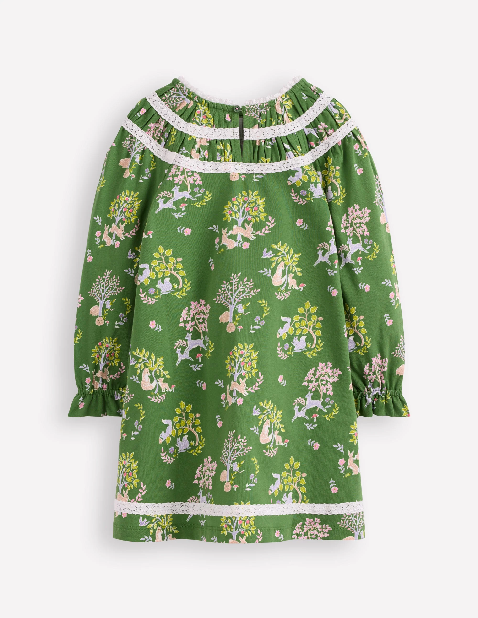 Pretty Lace Trim Jersey Dress-Green Woodland Floral - Image 2