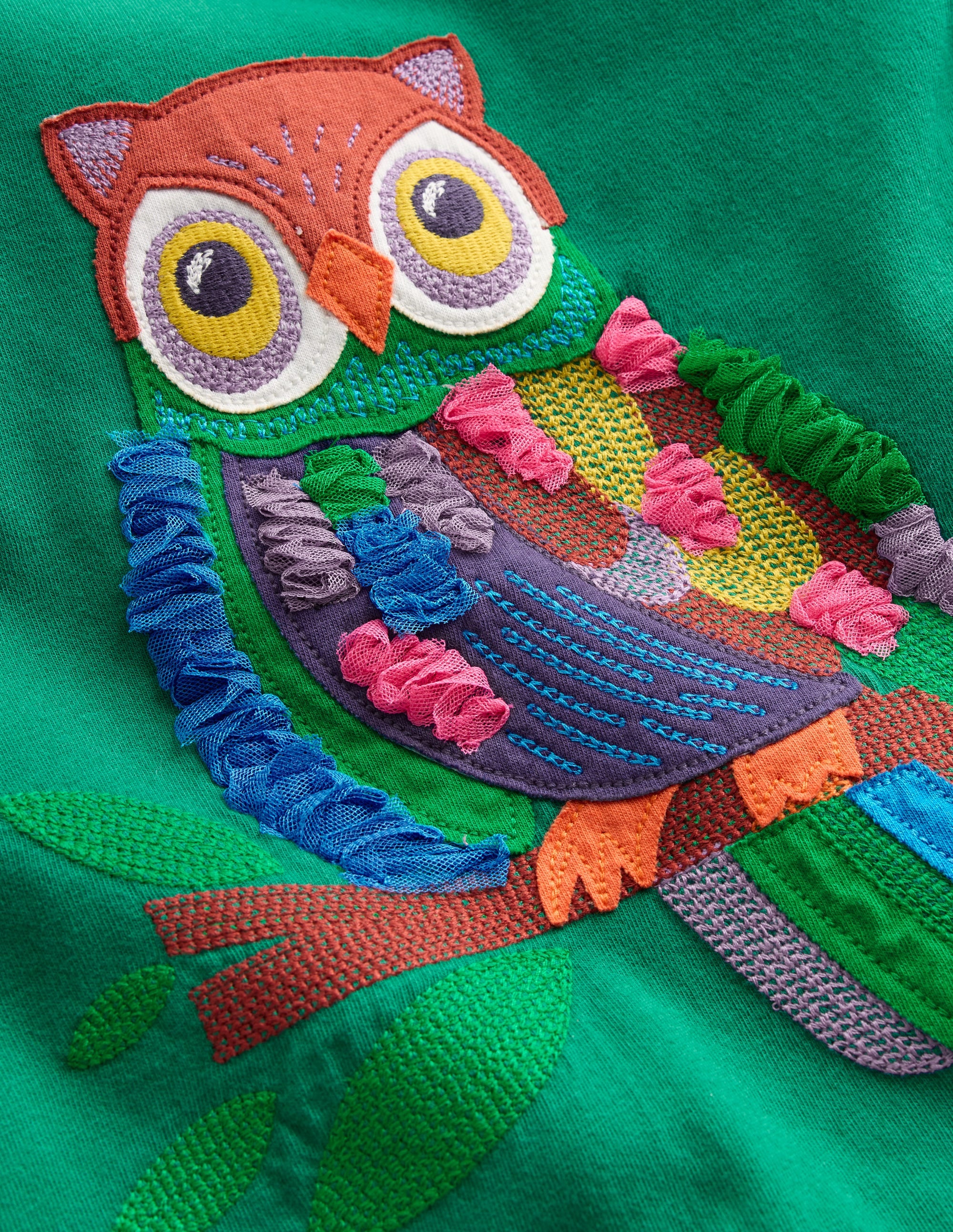 Puff Sleeve Appliqué  T-shirt-Green Owl - Image 3