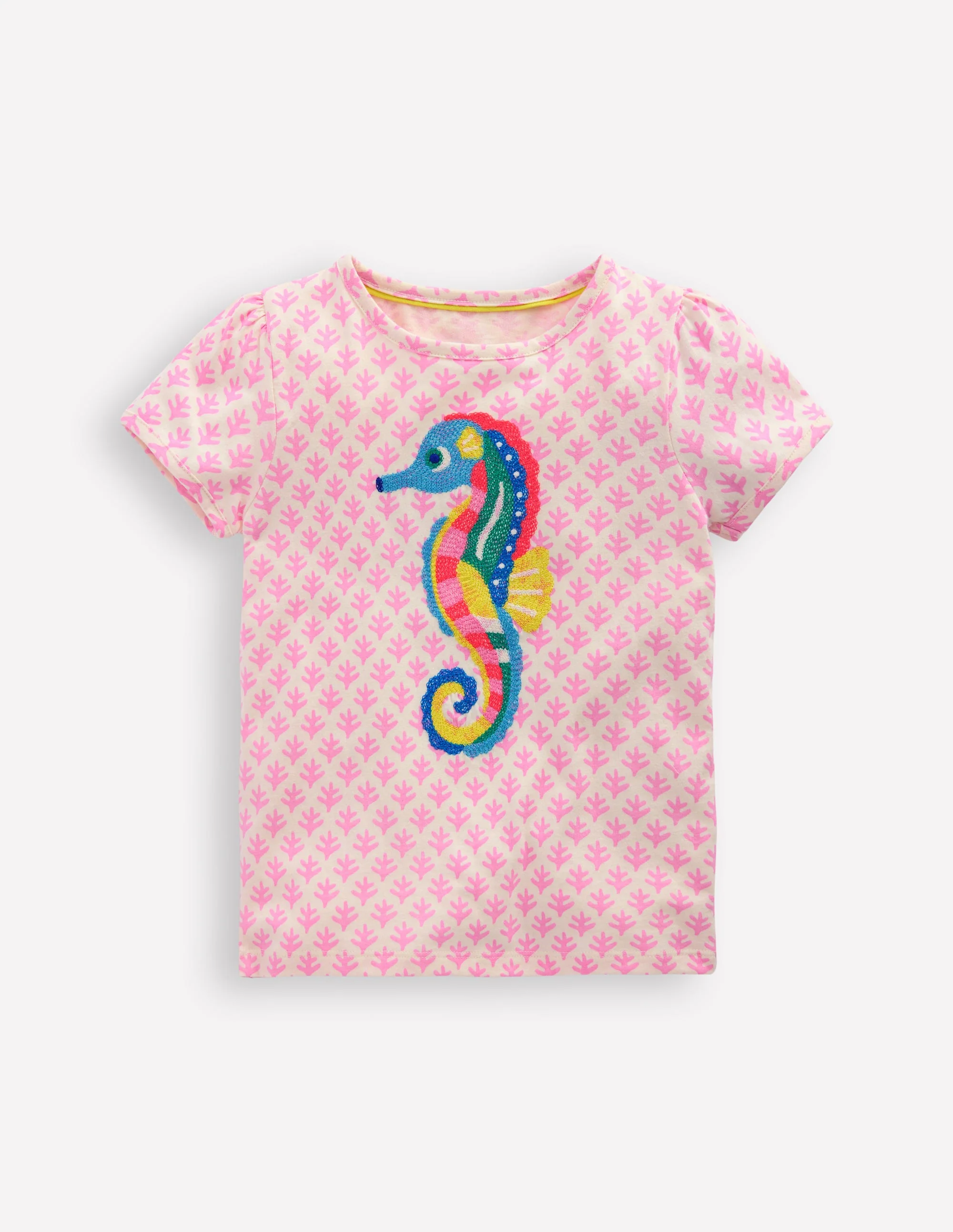 Puff Sleeve Superstitch Top-Pink Woodblock Seahorse