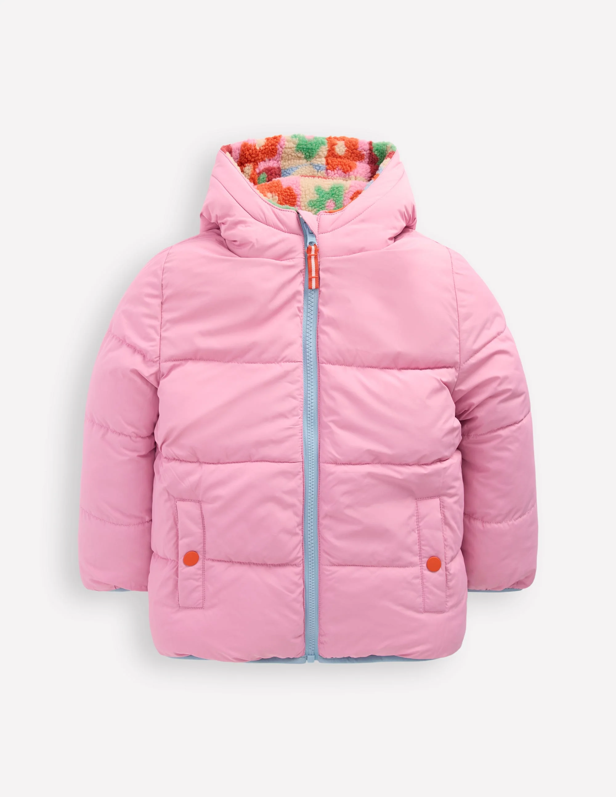 Reversible Padded Borg Coat-Multi Flower Check