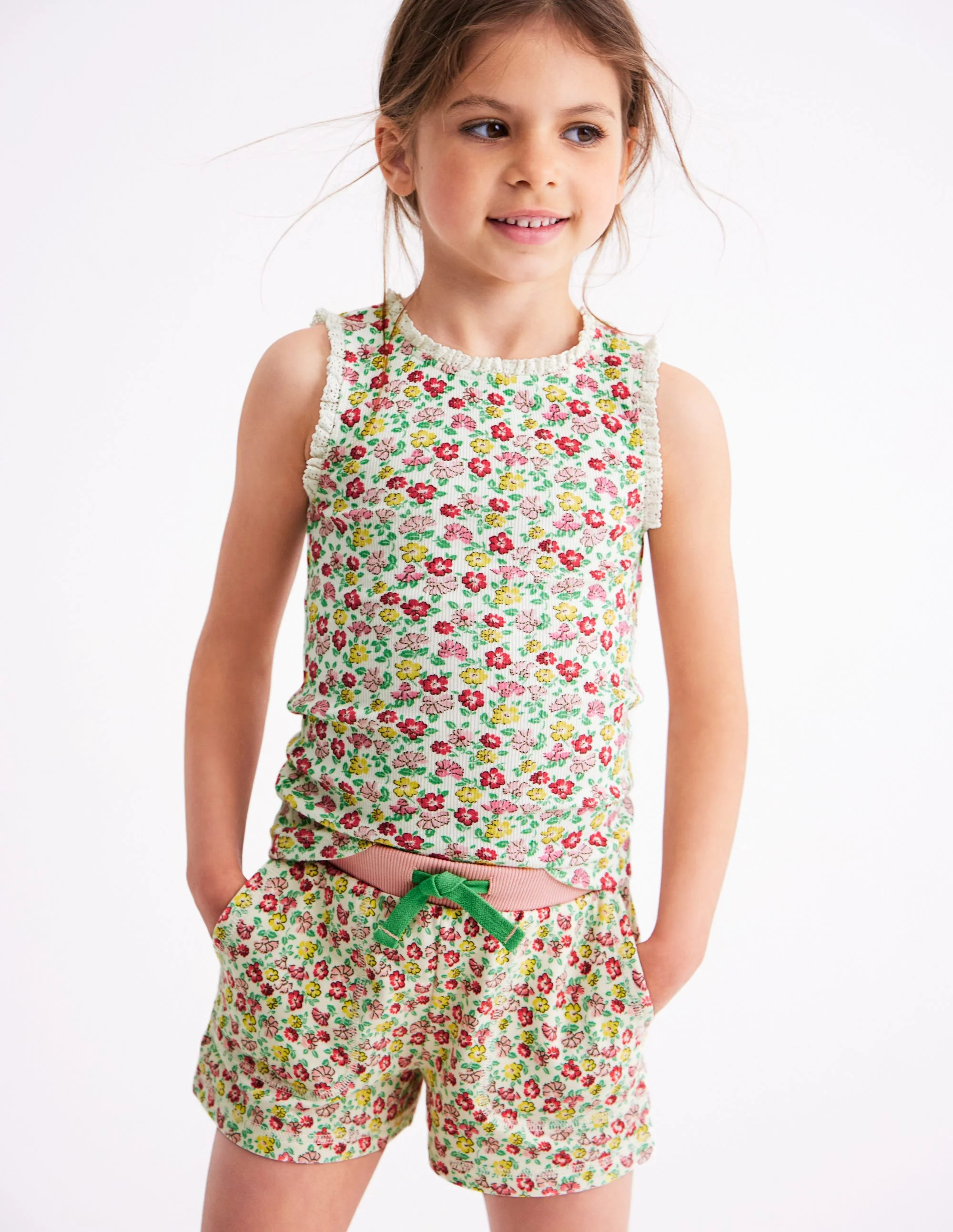 Ribbed Lace Trim Tank-Multi Summer Flowerbed