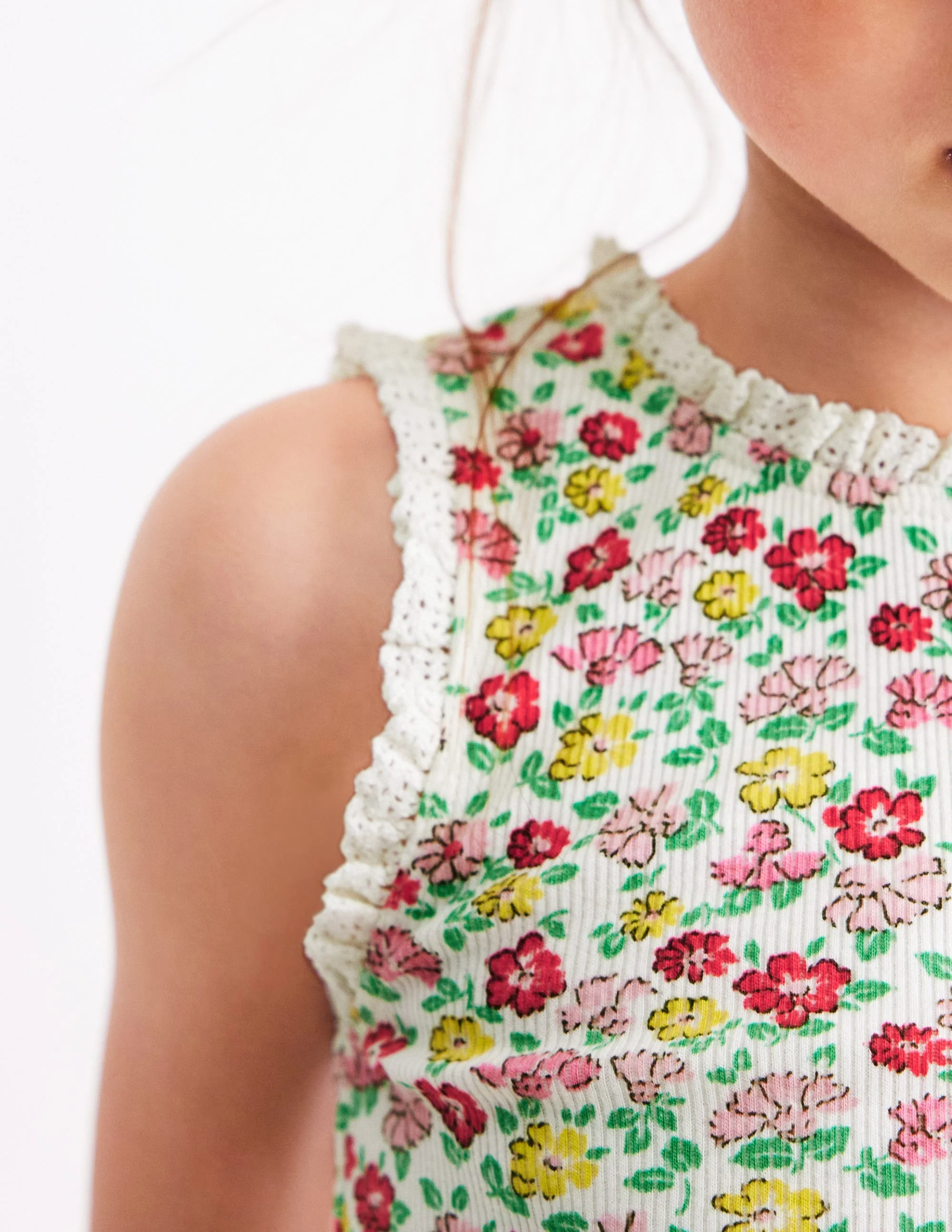 Ribbed Lace Trim Tank-Multi Summer Flowerbed - Image 2